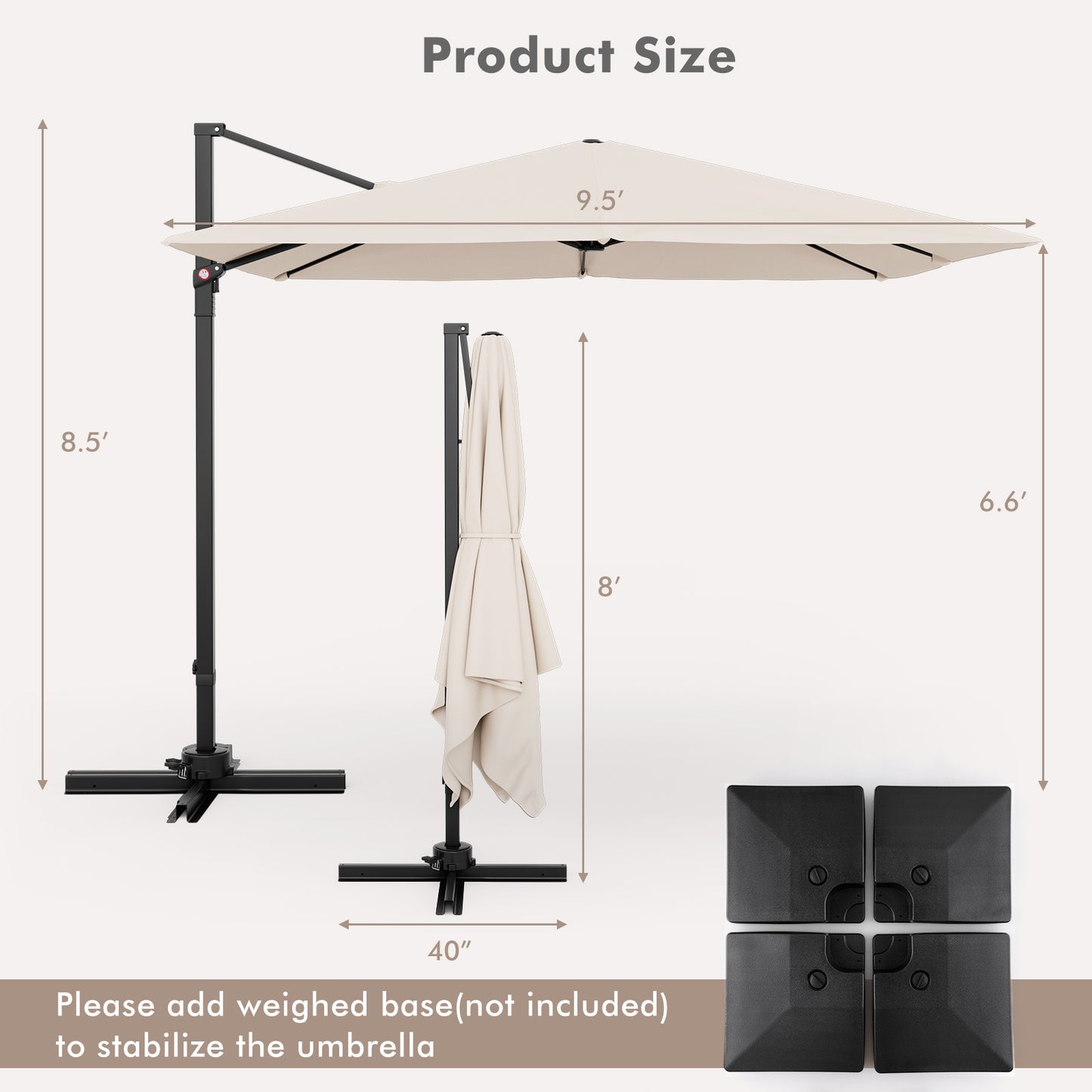 9.5 Feet Square Patio Cantilever Umbrella with 360° Rotation-Beige Kids Crystal