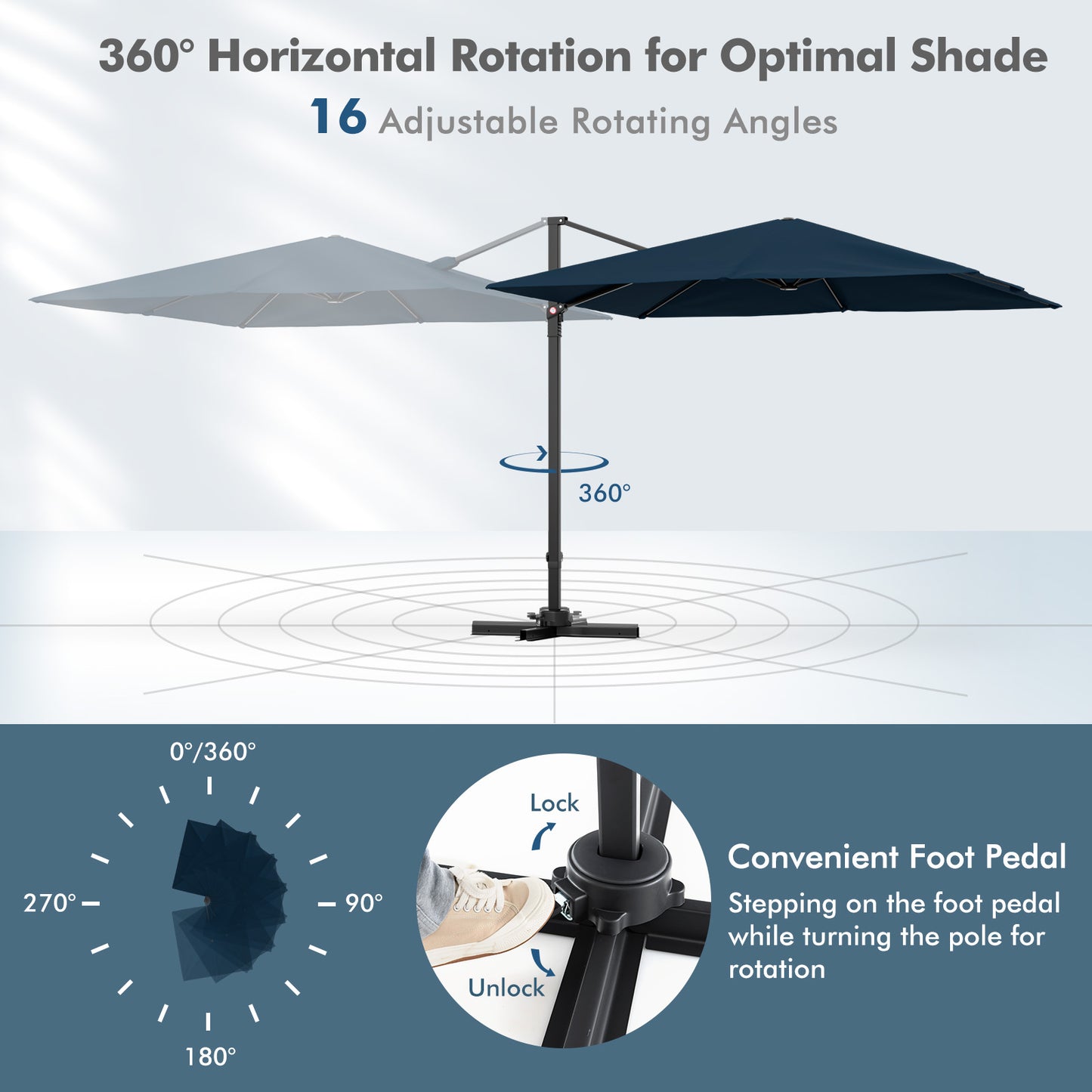 9.5 Feet Square Patio Cantilever Umbrella with 360° Rotation-Navy Kids Crystal