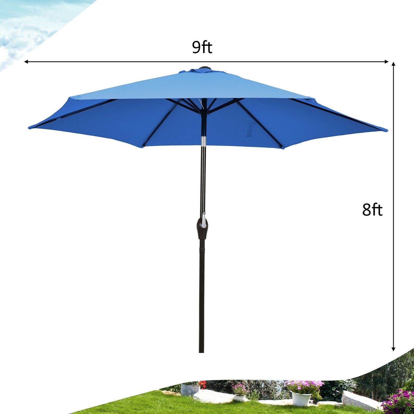 9ft Patio Market Table Umbrella with Push Button Tilt and Crank-Blue Kids Crystal