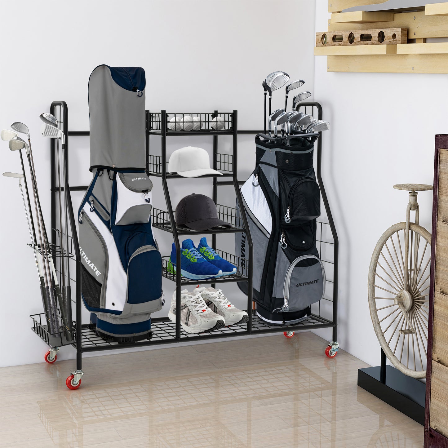 Double Golf Bag Rack with Removable Golf Club Stand and Wheels-Black Kids Crystal
