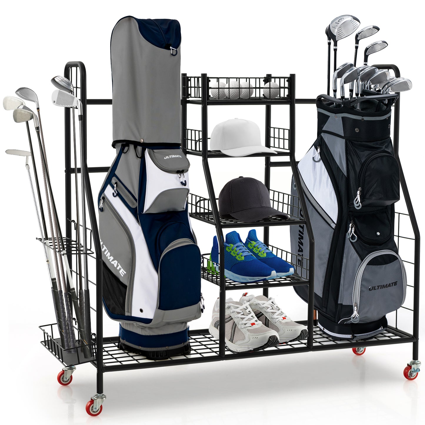 Double Golf Bag Rack with Removable Golf Club Stand and Wheels-Black Kids Crystal