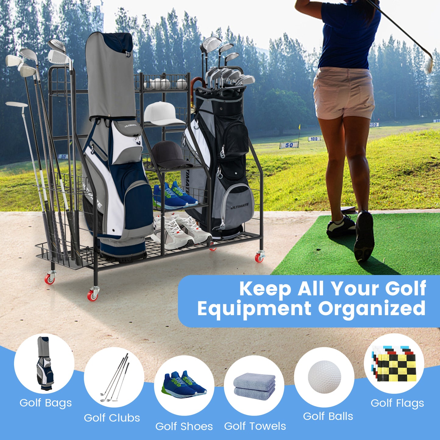 Double Golf Bag Rack with Removable Golf Club Stand and Wheels-Black Kids Crystal
