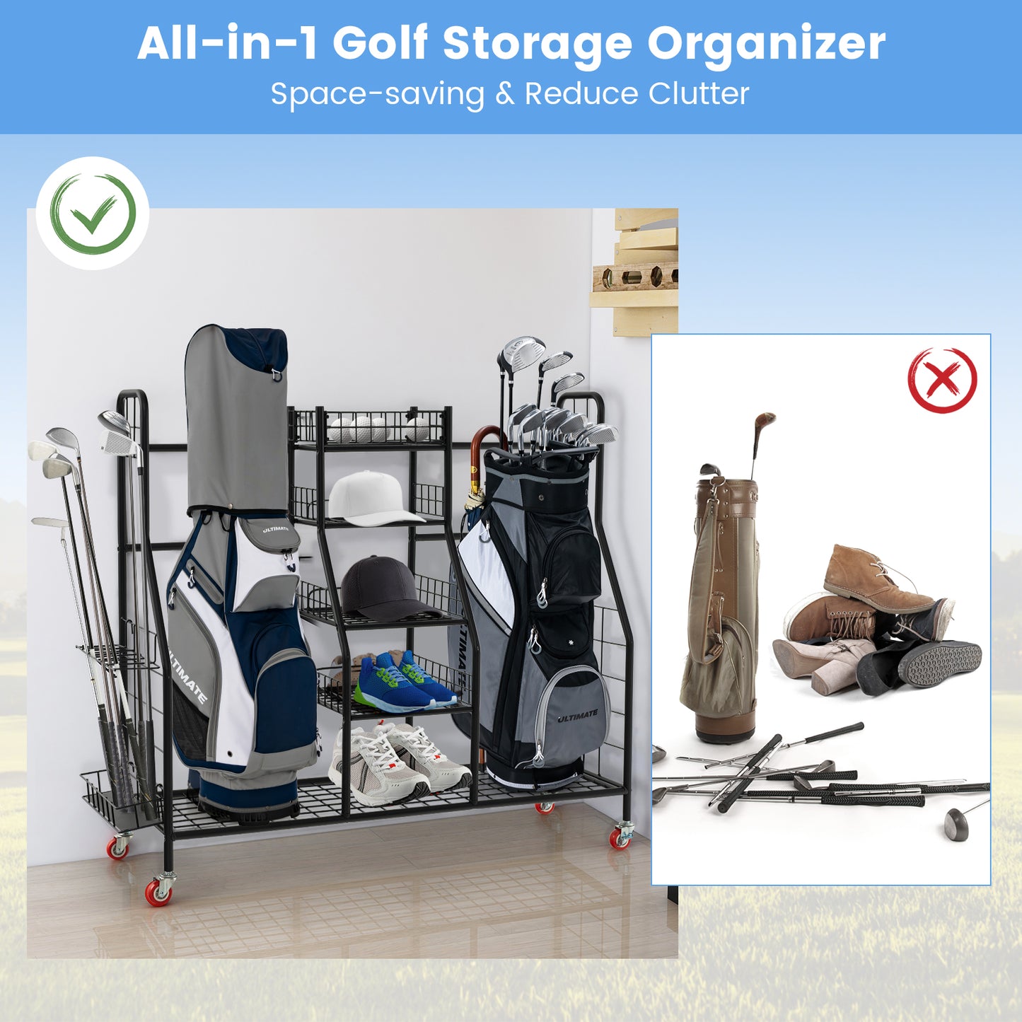 Double Golf Bag Rack with Removable Golf Club Stand and Wheels-Black Kids Crystal