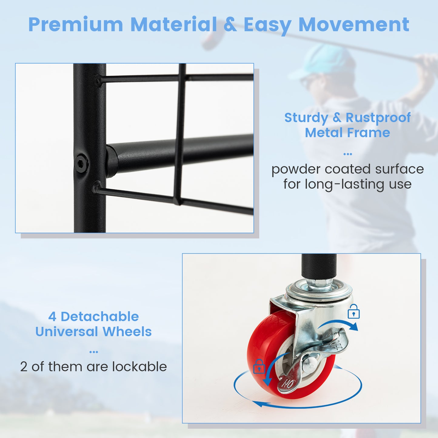 Double Golf Bag Rack with Removable Golf Club Stand and Wheels-Black Kids Crystal