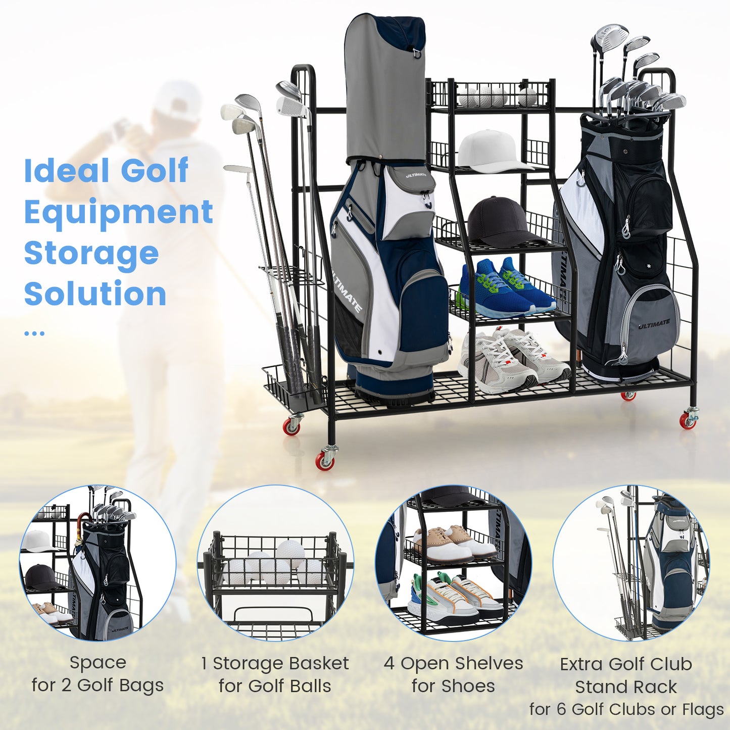 Double Golf Bag Rack with Removable Golf Club Stand and Wheels-Black Kids Crystal