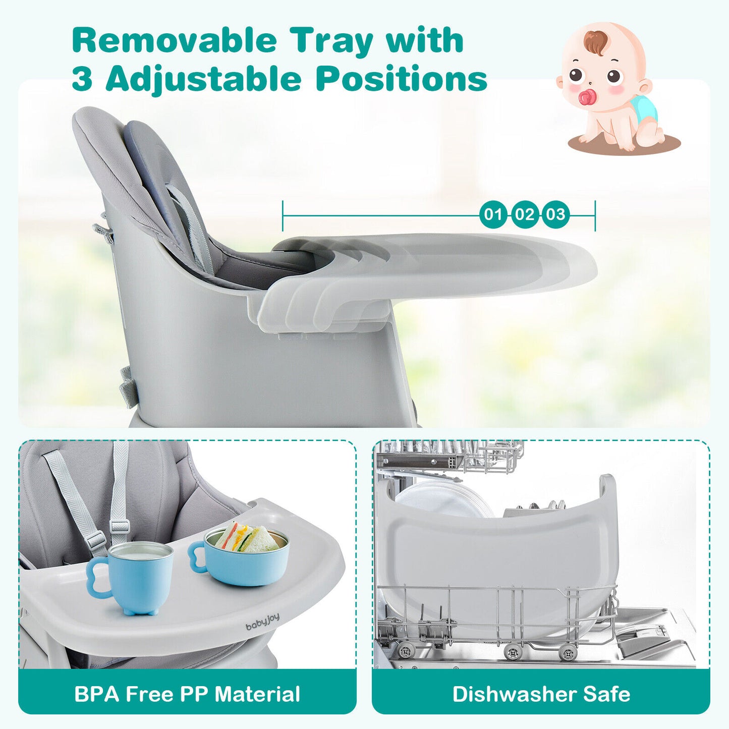 6-in-1 Convertible Baby High Chair with Adjustable Removable Tray-Gray Kids Crystal