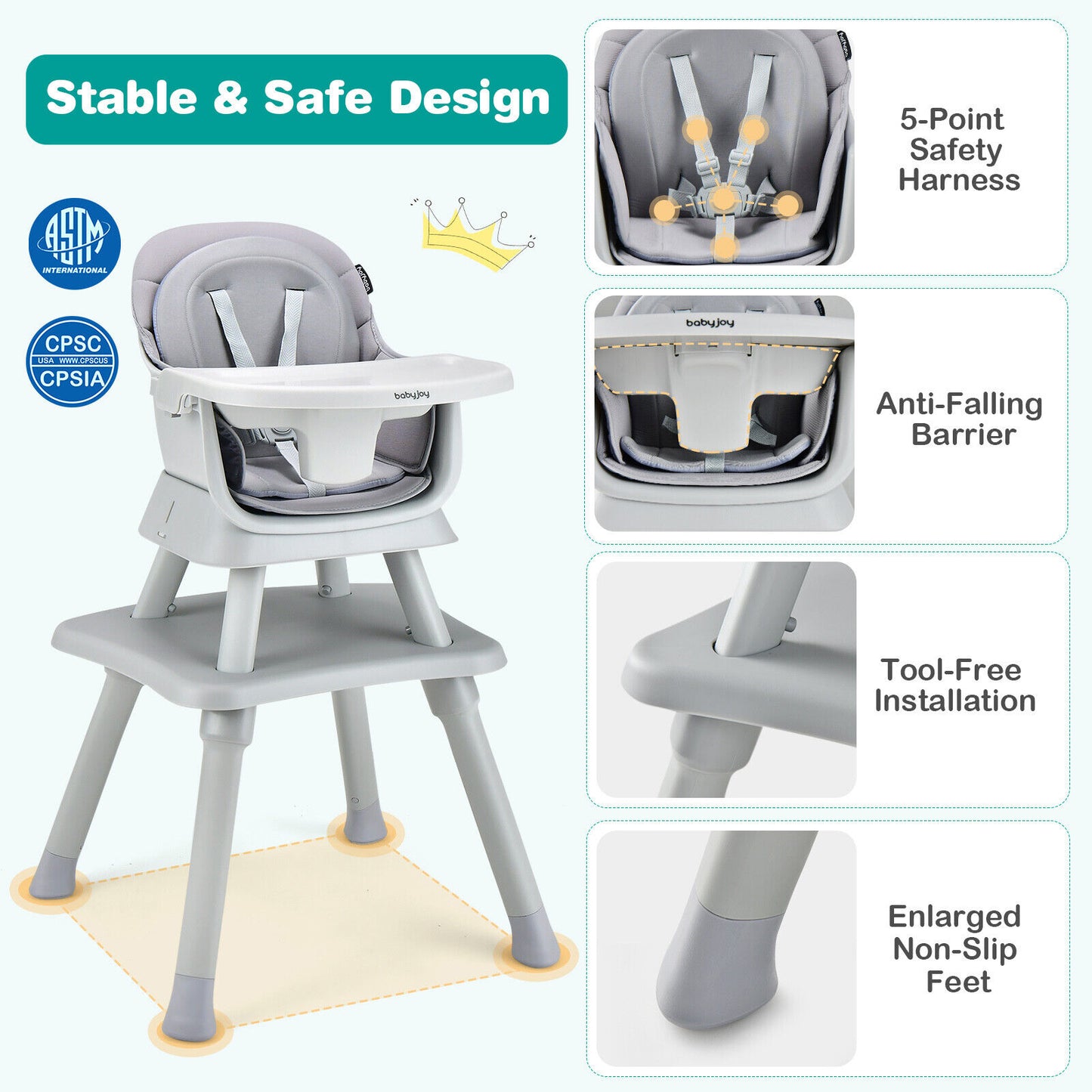 6-in-1 Convertible Baby High Chair with Adjustable Removable Tray-Gray Kids Crystal