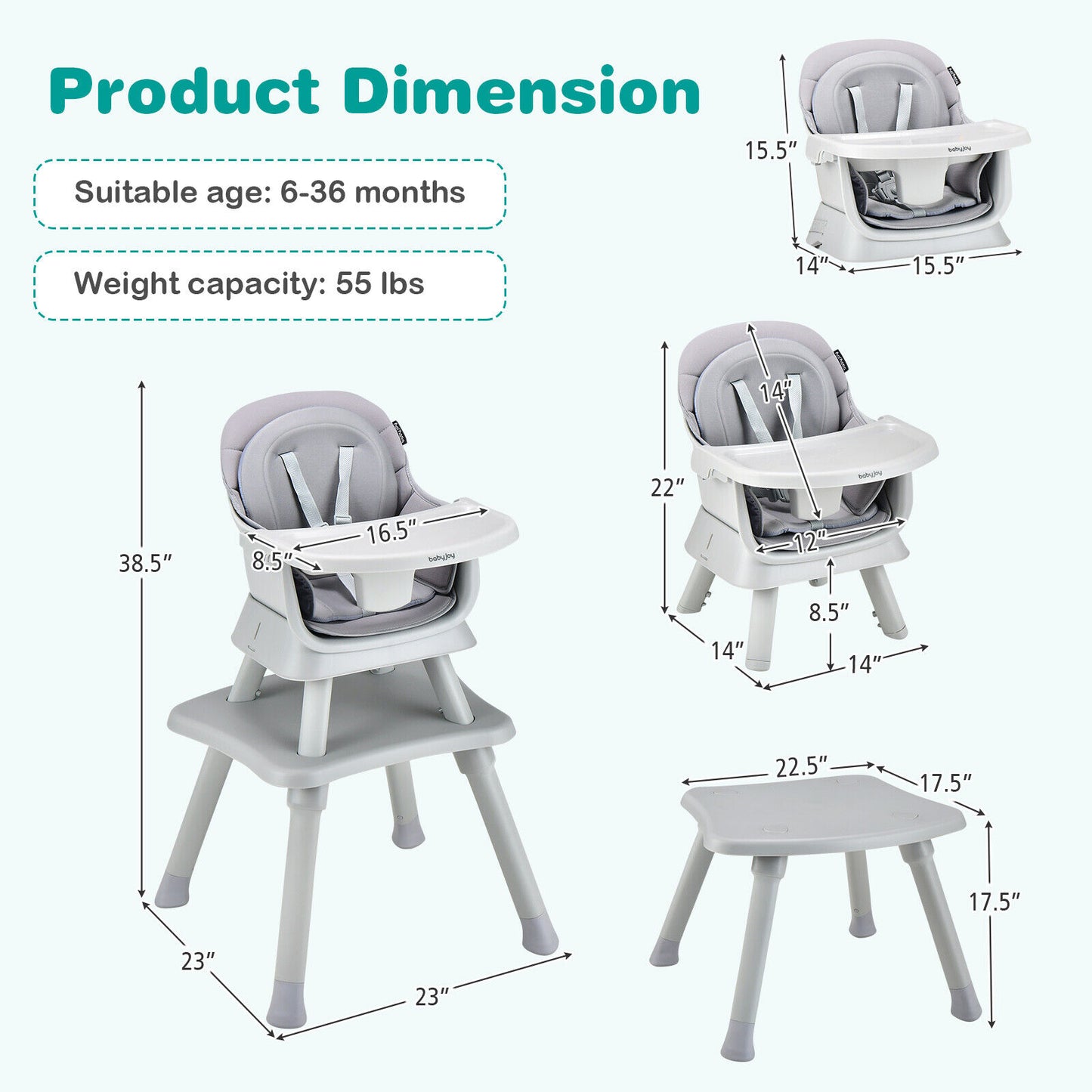 6-in-1 Convertible Baby High Chair with Adjustable Removable Tray-Gray Kids Crystal