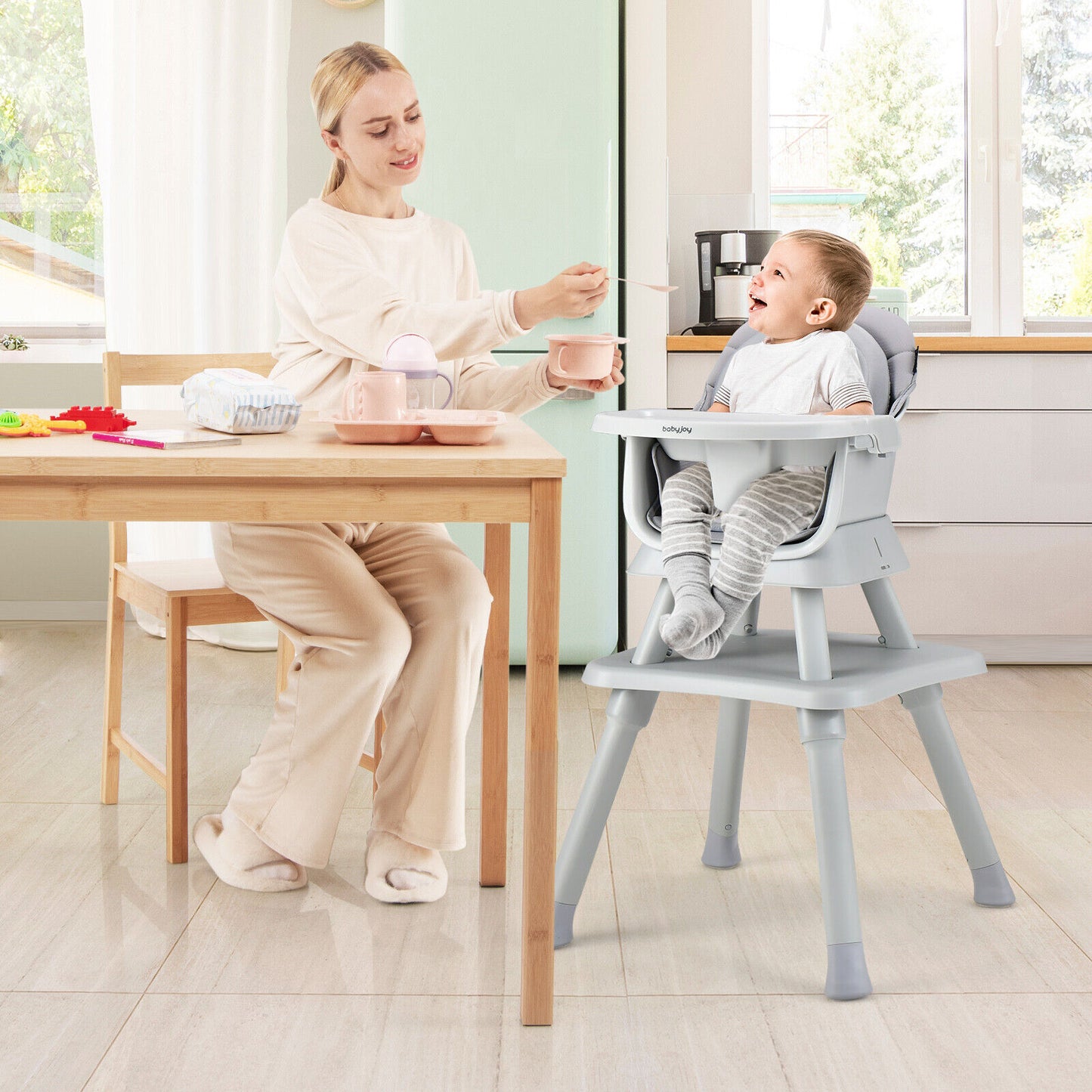 6-in-1 Convertible Baby High Chair with Adjustable Removable Tray-Gray Kids Crystal