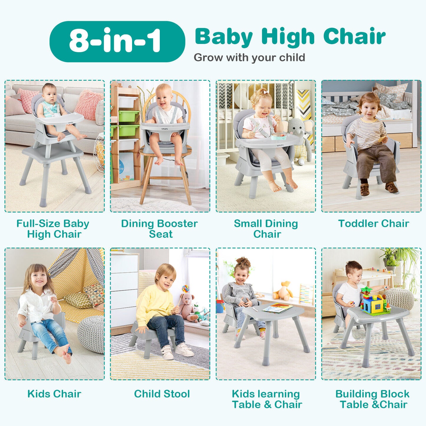 6-in-1 Convertible Baby High Chair with Adjustable Removable Tray-Gray Kids Crystal