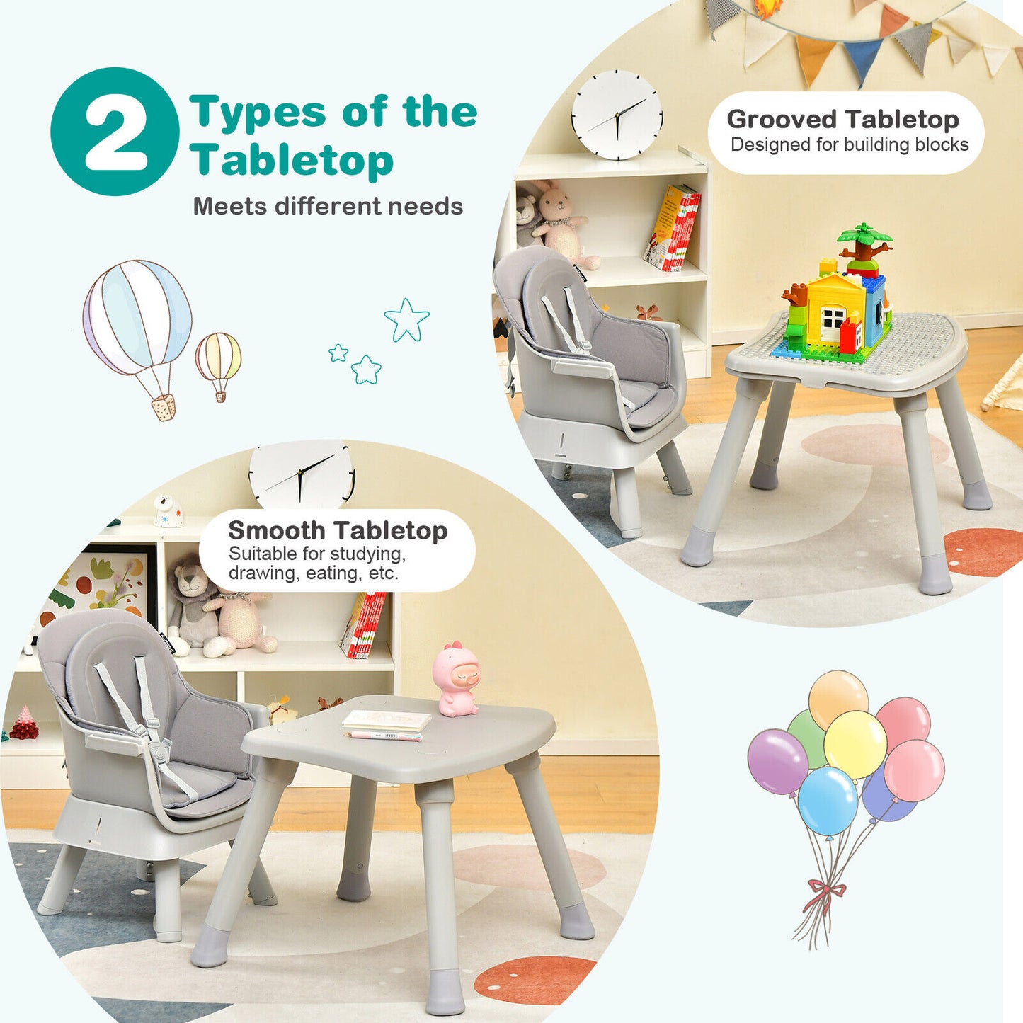 6-in-1 Convertible Baby High Chair with Adjustable Removable Tray-Gray Kids Crystal