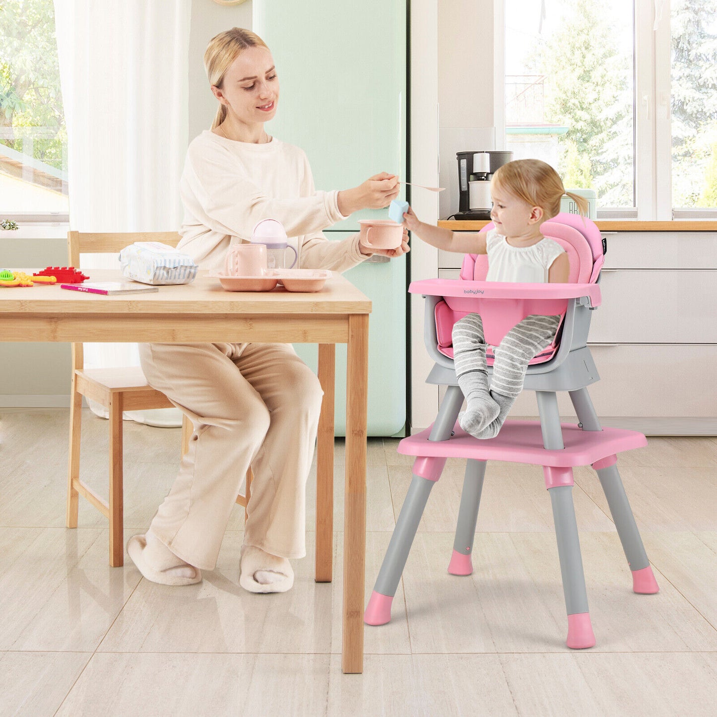 6-in-1 Convertible Baby High Chair with Adjustable Removable Tray-Pink Kids Crystal