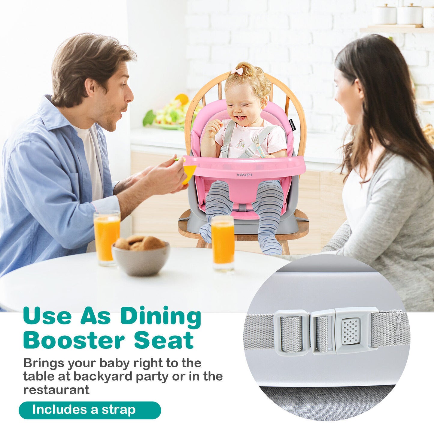 6-in-1 Convertible Baby High Chair with Adjustable Removable Tray-Pink Kids Crystal