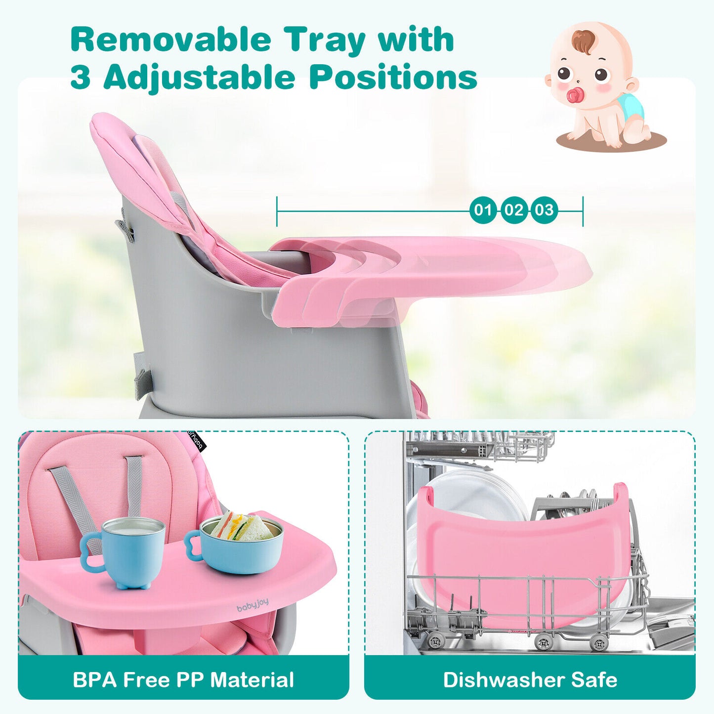 6-in-1 Convertible Baby High Chair with Adjustable Removable Tray-Pink Kids Crystal