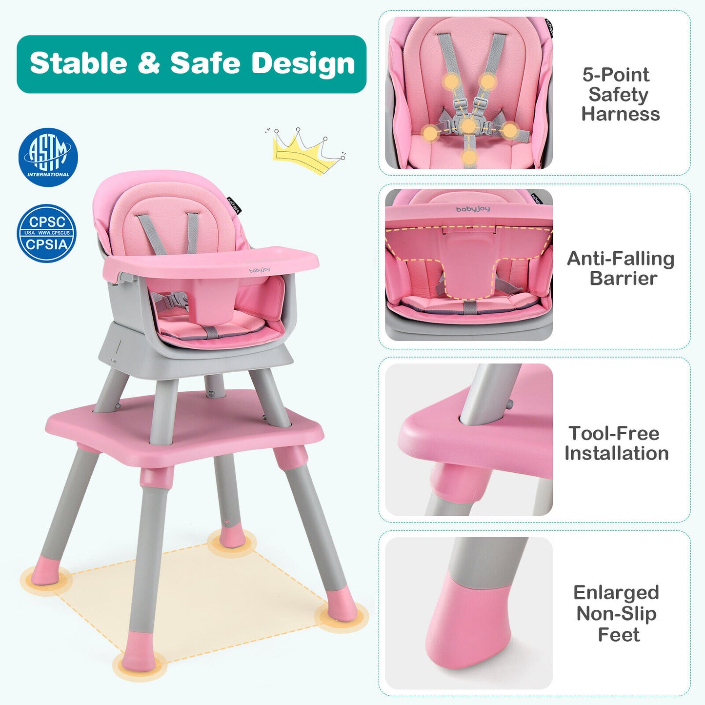 6-in-1 Convertible Baby High Chair with Adjustable Removable Tray-Pink Kids Crystal