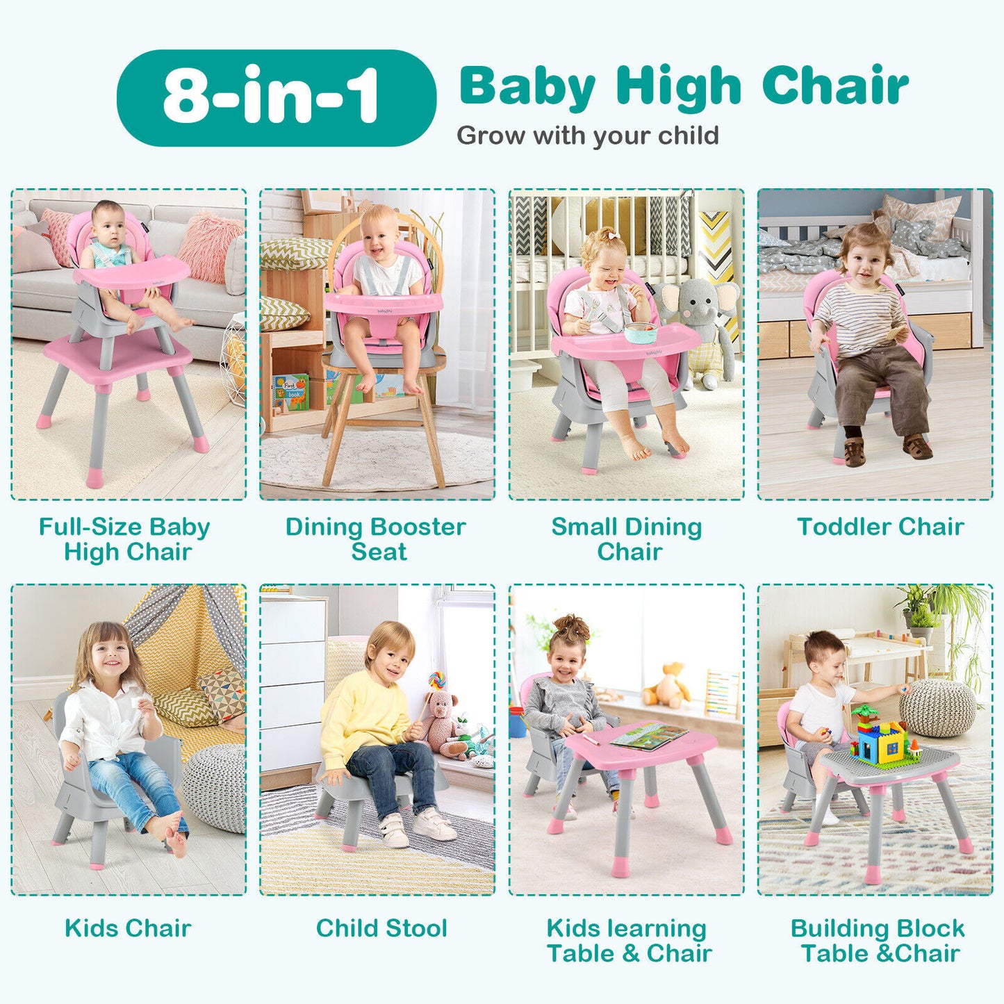 6-in-1 Convertible Baby High Chair with Adjustable Removable Tray-Pink Kids Crystal