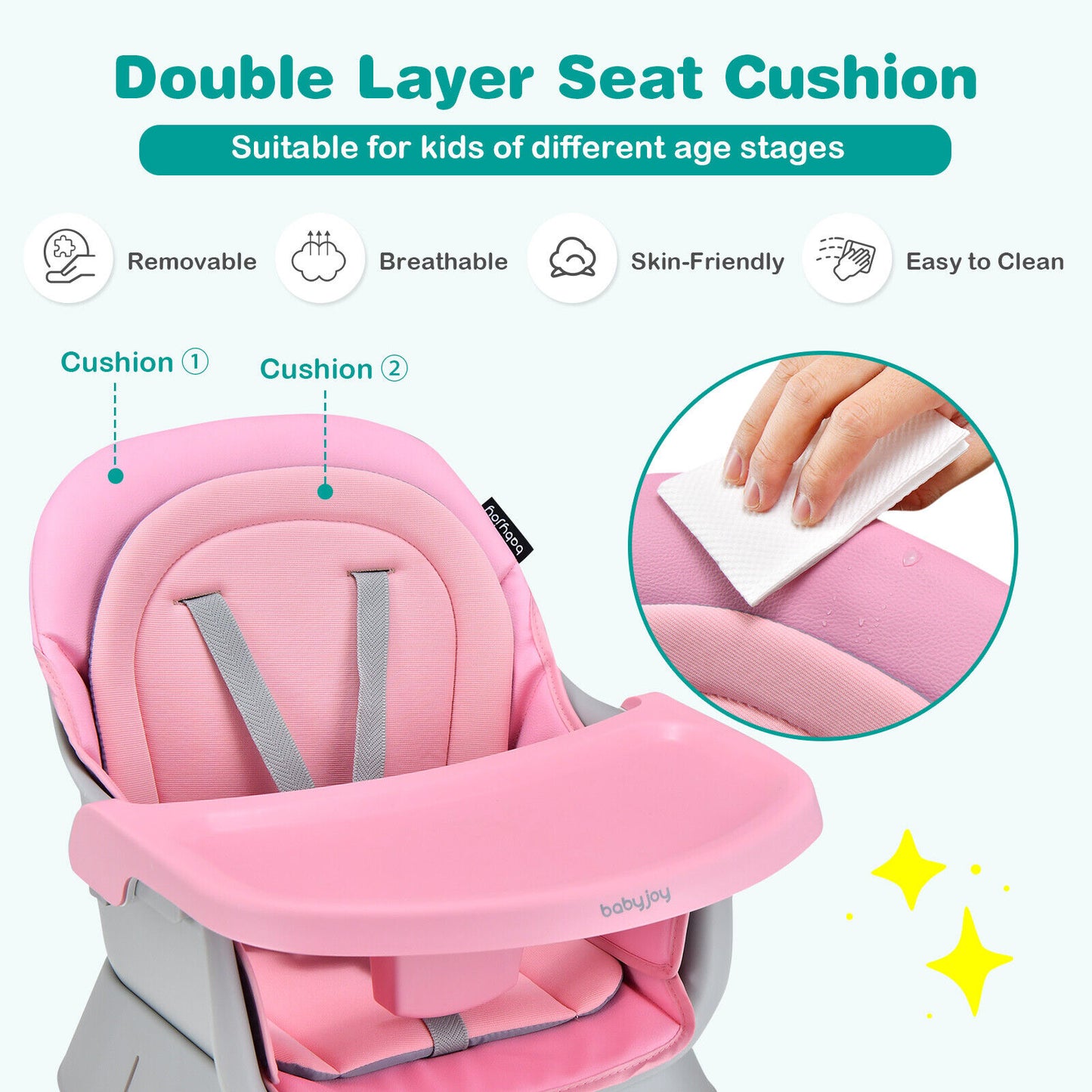 6-in-1 Convertible Baby High Chair with Adjustable Removable Tray-Pink Kids Crystal
