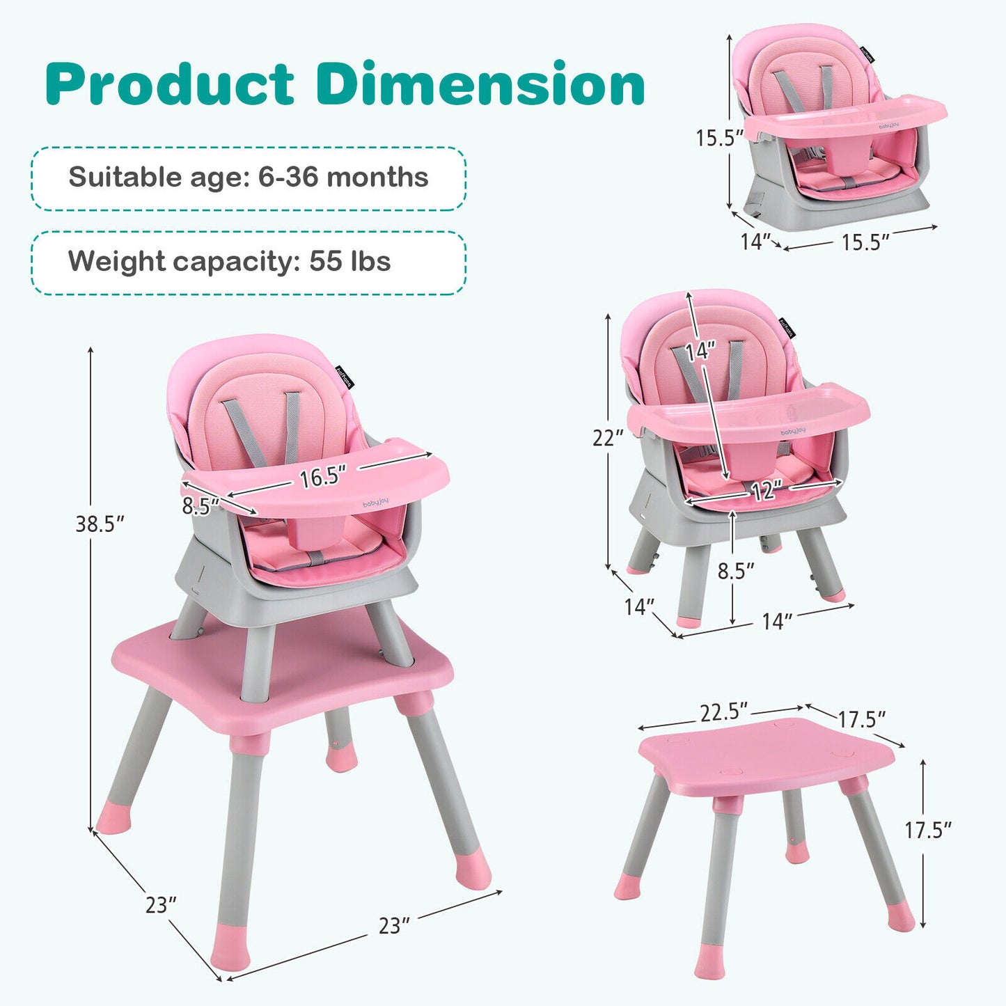 6-in-1 Convertible Baby High Chair with Adjustable Removable Tray-Pink Kids Crystal