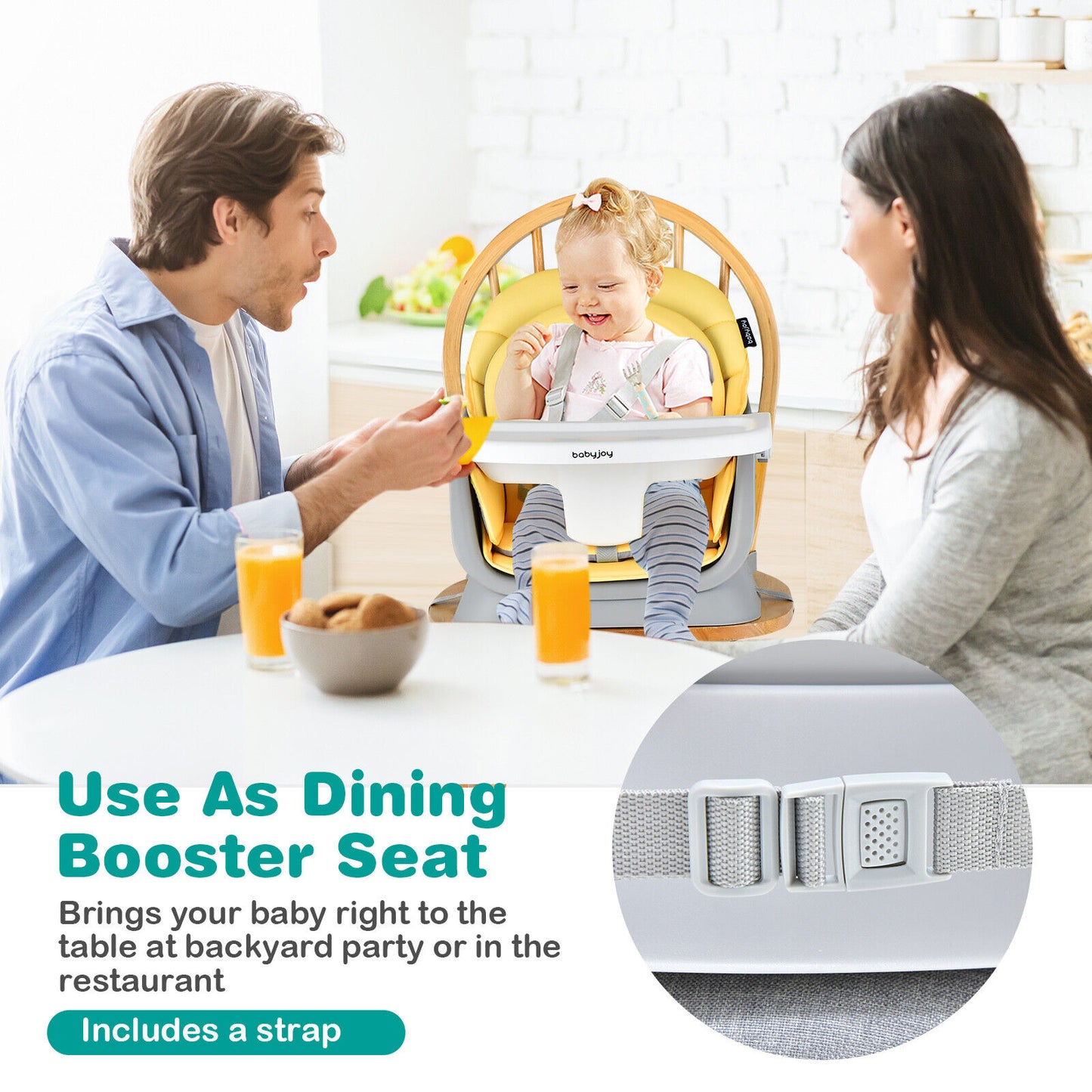 6-in-1 Convertible Baby High Chair with Adjustable Removable Tray-Yellow Kids Crystal