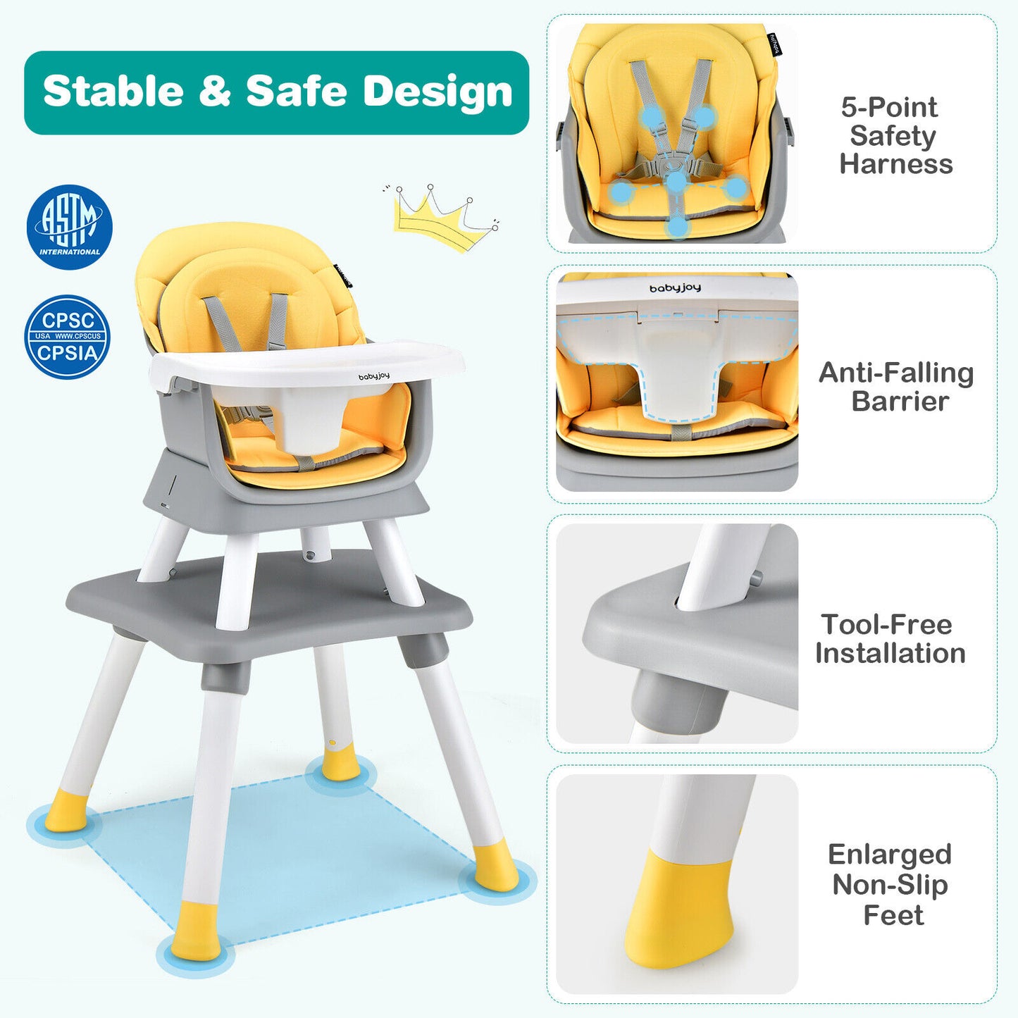 6-in-1 Convertible Baby High Chair with Adjustable Removable Tray-Yellow Kids Crystal
