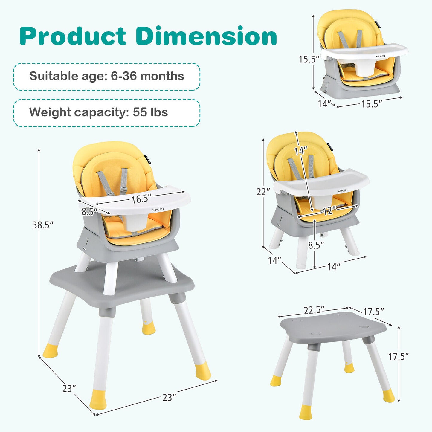 6-in-1 Convertible Baby High Chair with Adjustable Removable Tray-Yellow Kids Crystal