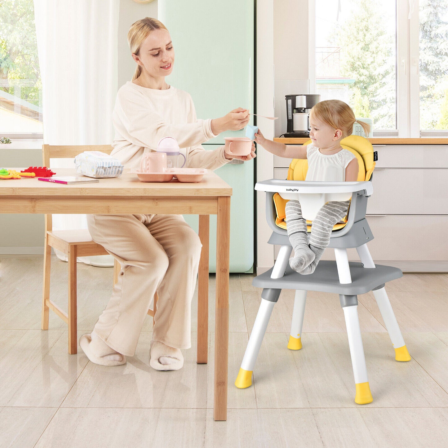 6-in-1 Convertible Baby High Chair with Adjustable Removable Tray-Yellow Kids Crystal