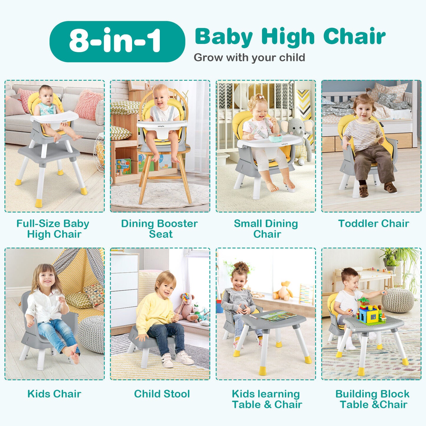 6-in-1 Convertible Baby High Chair with Adjustable Removable Tray-Yellow Kids Crystal