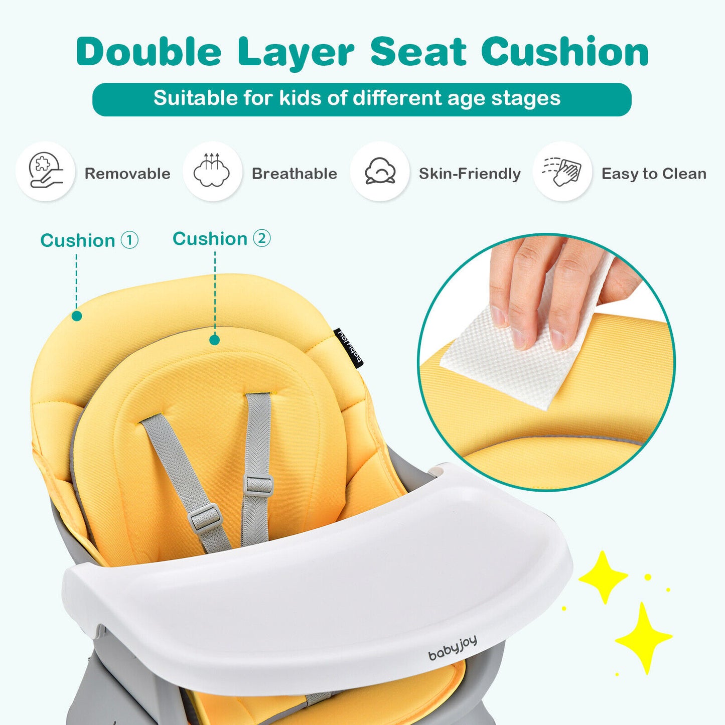 6-in-1 Convertible Baby High Chair with Adjustable Removable Tray-Yellow Kids Crystal