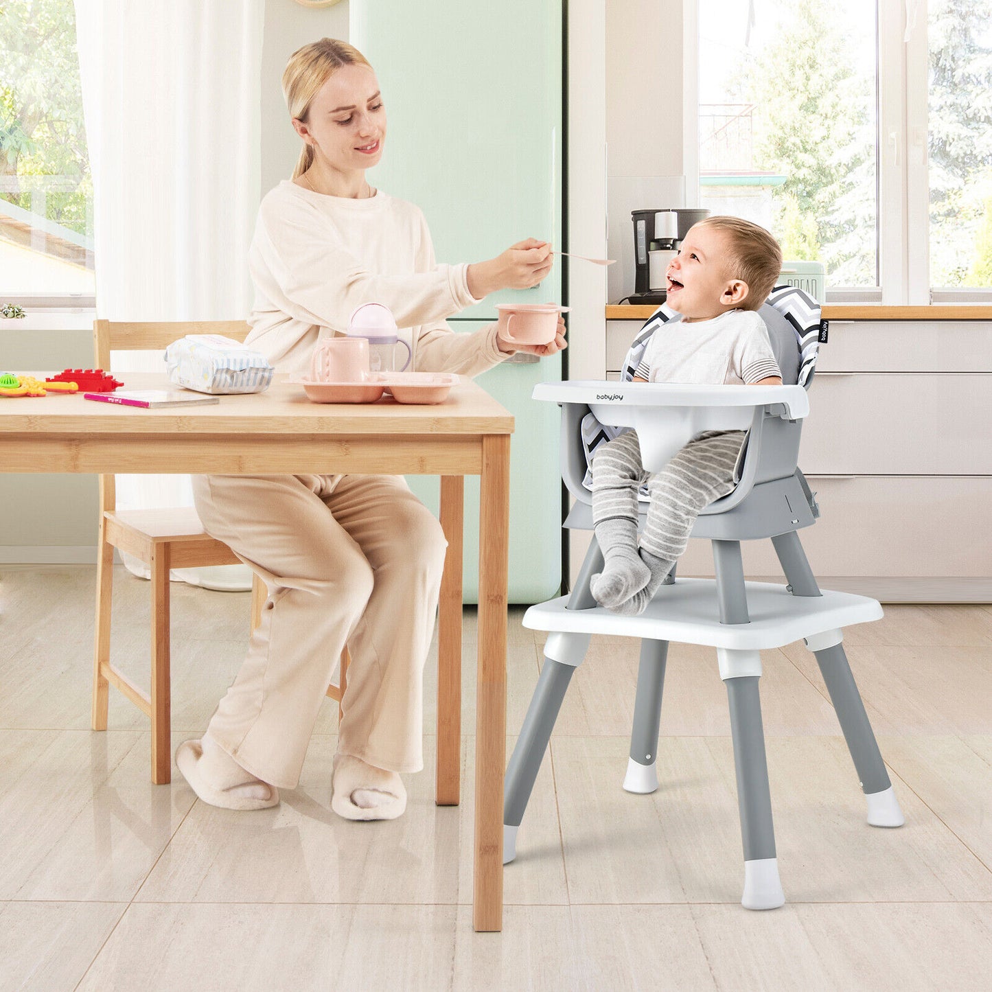 6-in-1 Convertible Baby High Chair with Adjustable Removable Tray-Gray & White Kids Crystal