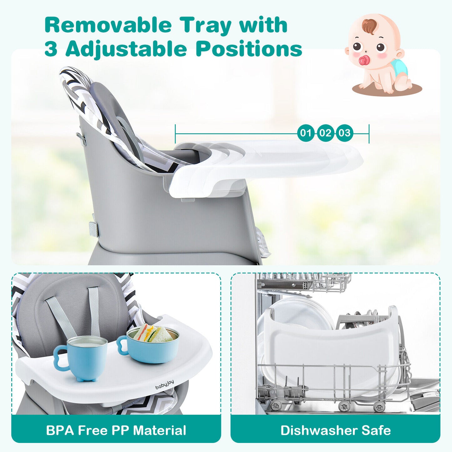 6-in-1 Convertible Baby High Chair with Adjustable Removable Tray-Gray & White Kids Crystal