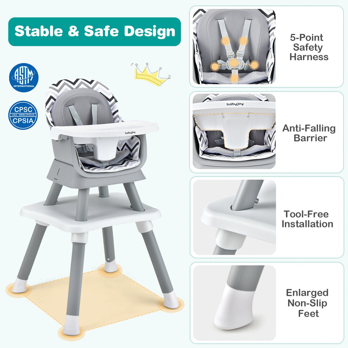 6-in-1 Convertible Baby High Chair with Adjustable Removable Tray-Gray & White Kids Crystal