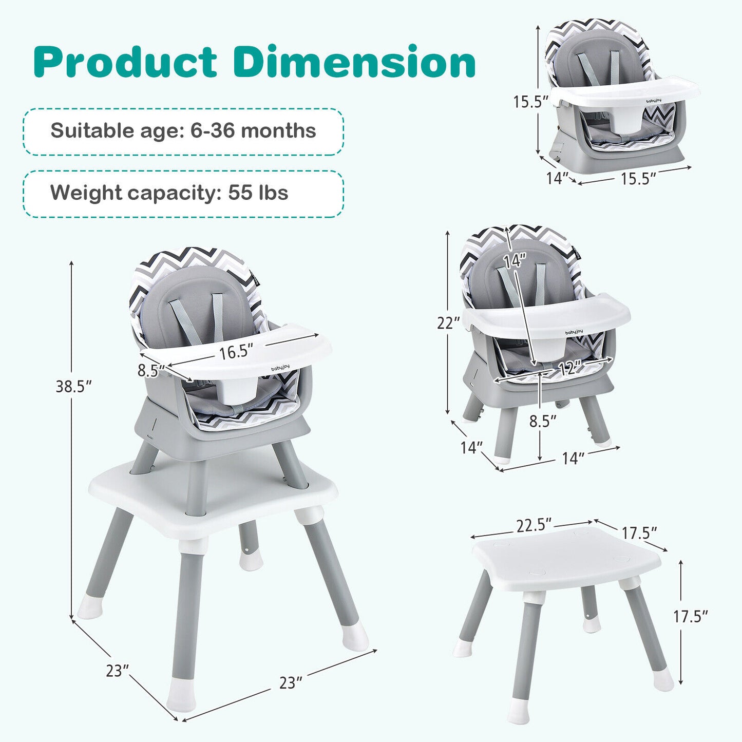 6-in-1 Convertible Baby High Chair with Adjustable Removable Tray-Gray & White Kids Crystal