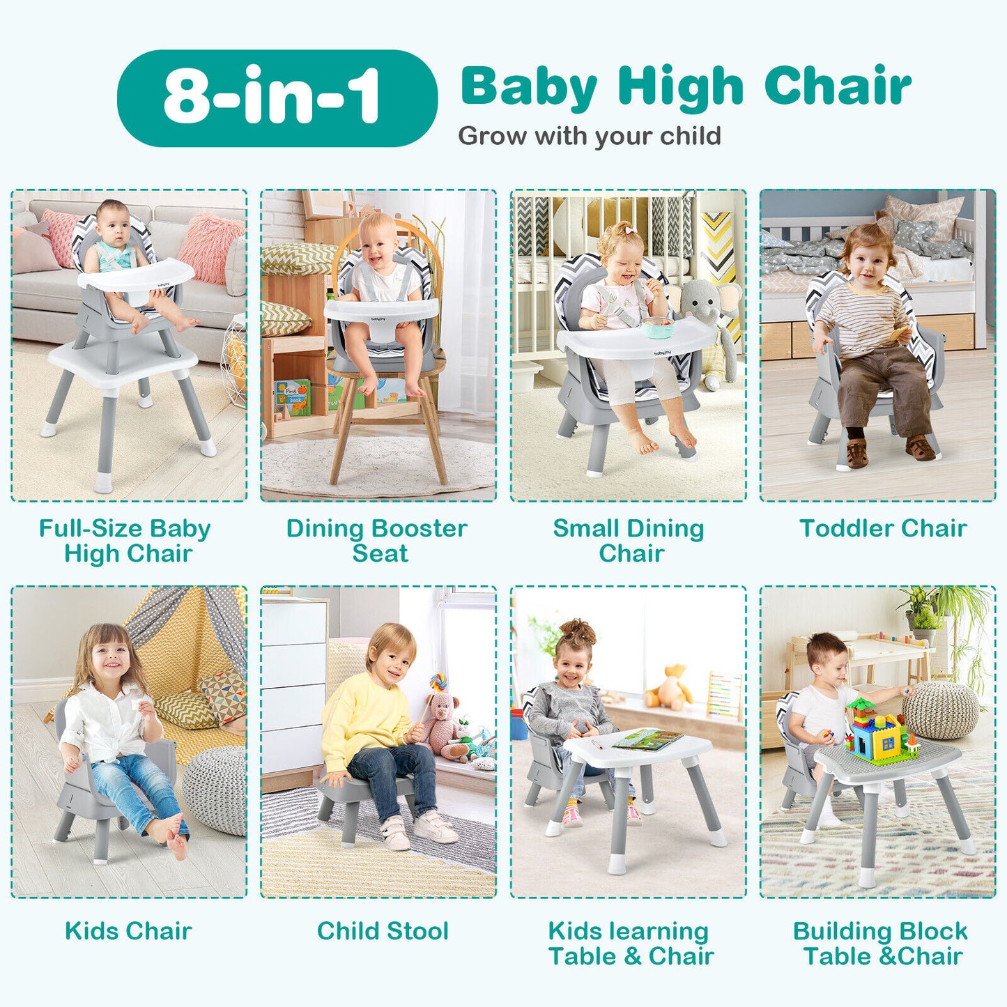 6-in-1 Convertible Baby High Chair with Adjustable Removable Tray-Gray & White Kids Crystal