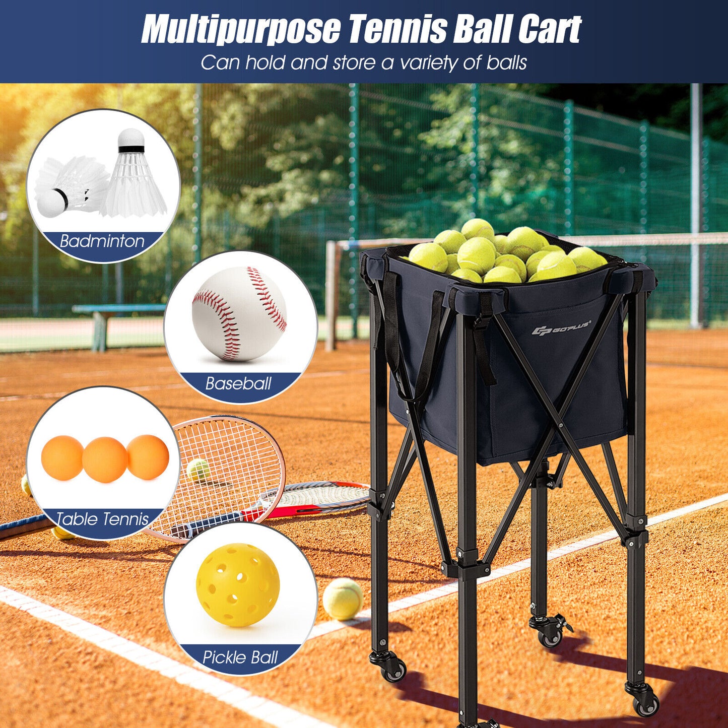 Lightweight Foldable Tennis Ball Teaching Cart with Wheels and Removable Bag-Blue