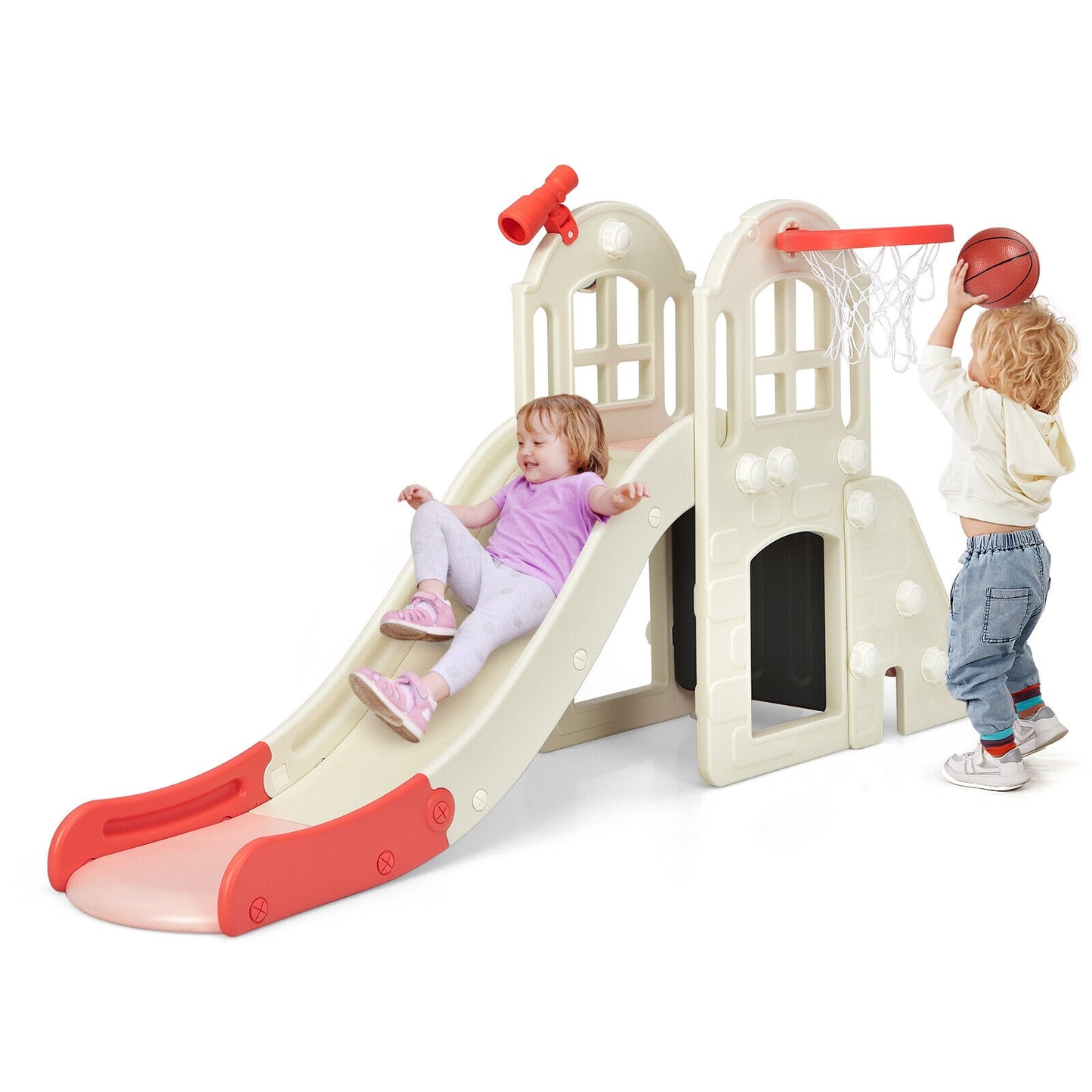 6-In-1 Large Slide for Kids Toddler Climber Slide Playset with Basketball Hoop-Pink Kids Crystal