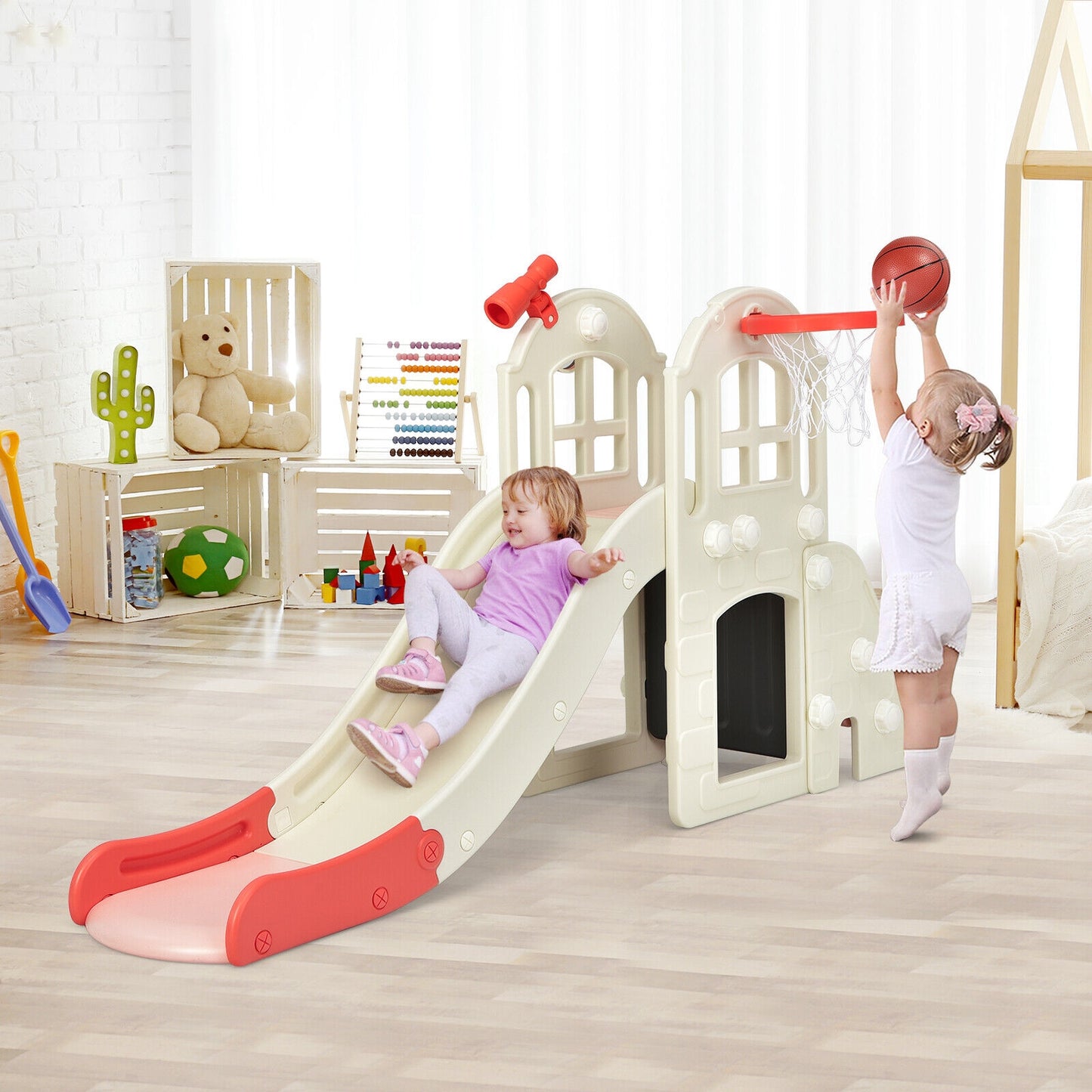 6-In-1 Large Slide for Kids Toddler Climber Slide Playset with Basketball Hoop-Pink Kids Crystal