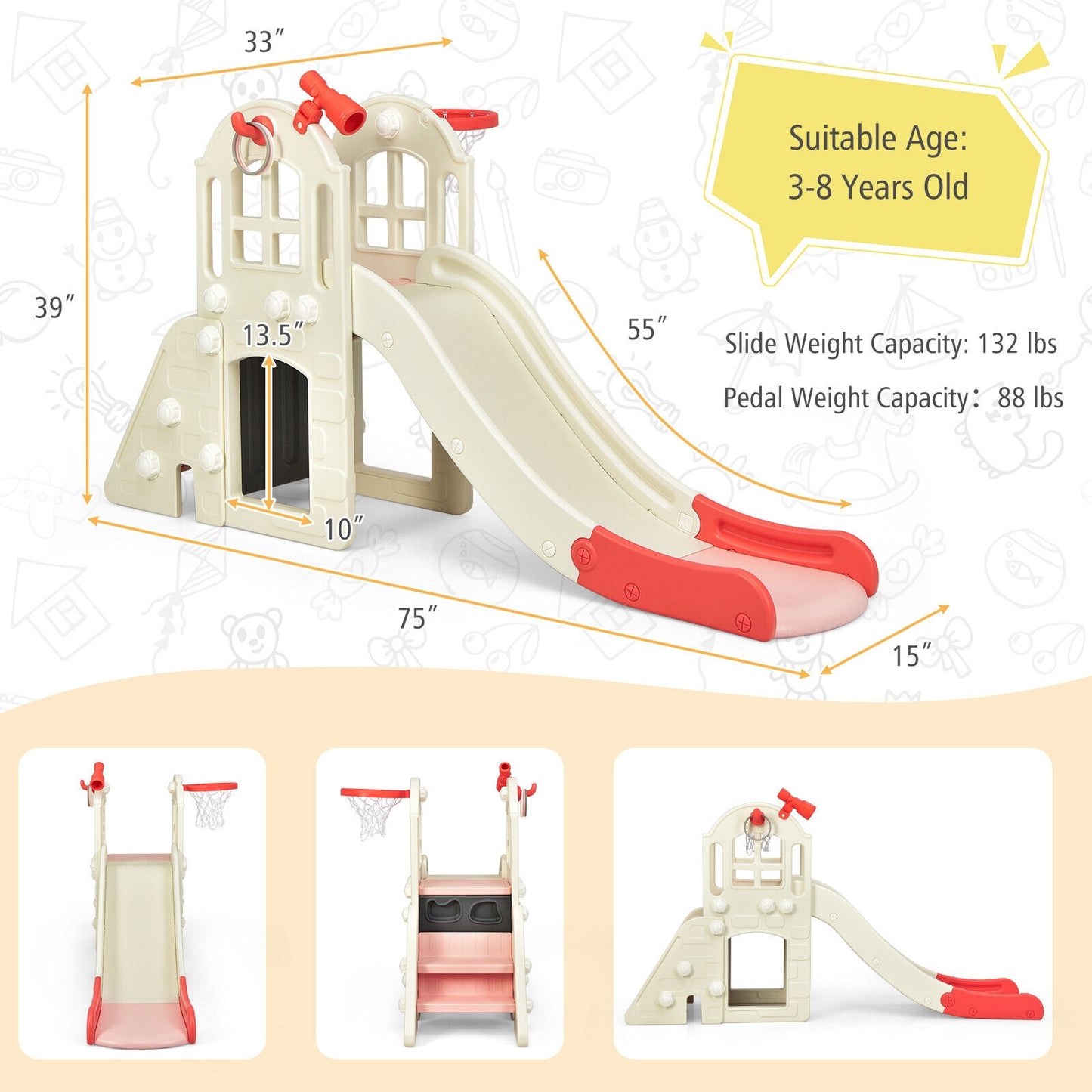 6-In-1 Large Slide for Kids Toddler Climber Slide Playset with Basketball Hoop-Pink Kids Crystal