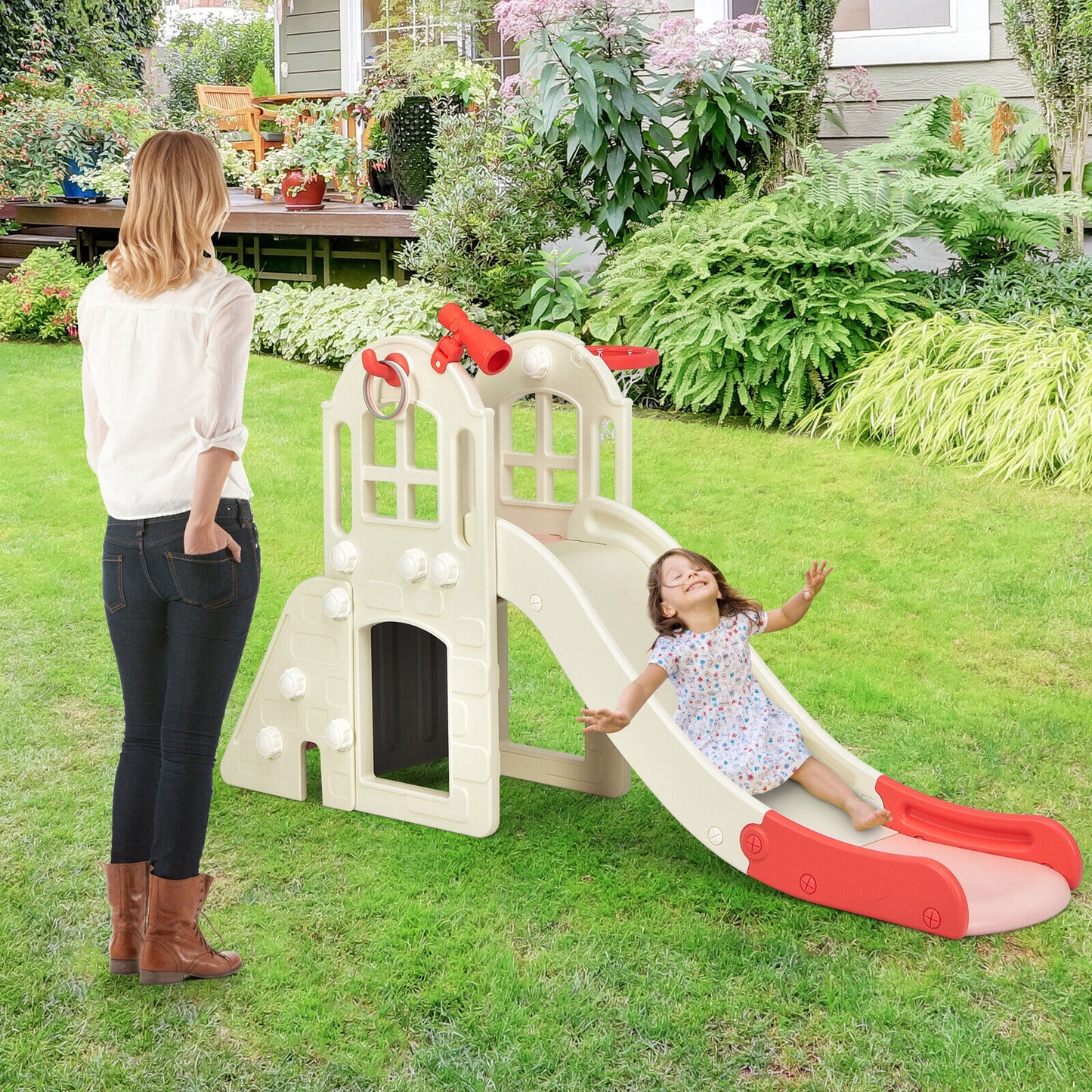 6-In-1 Large Slide for Kids Toddler Climber Slide Playset with Basketball Hoop-Pink Kids Crystal