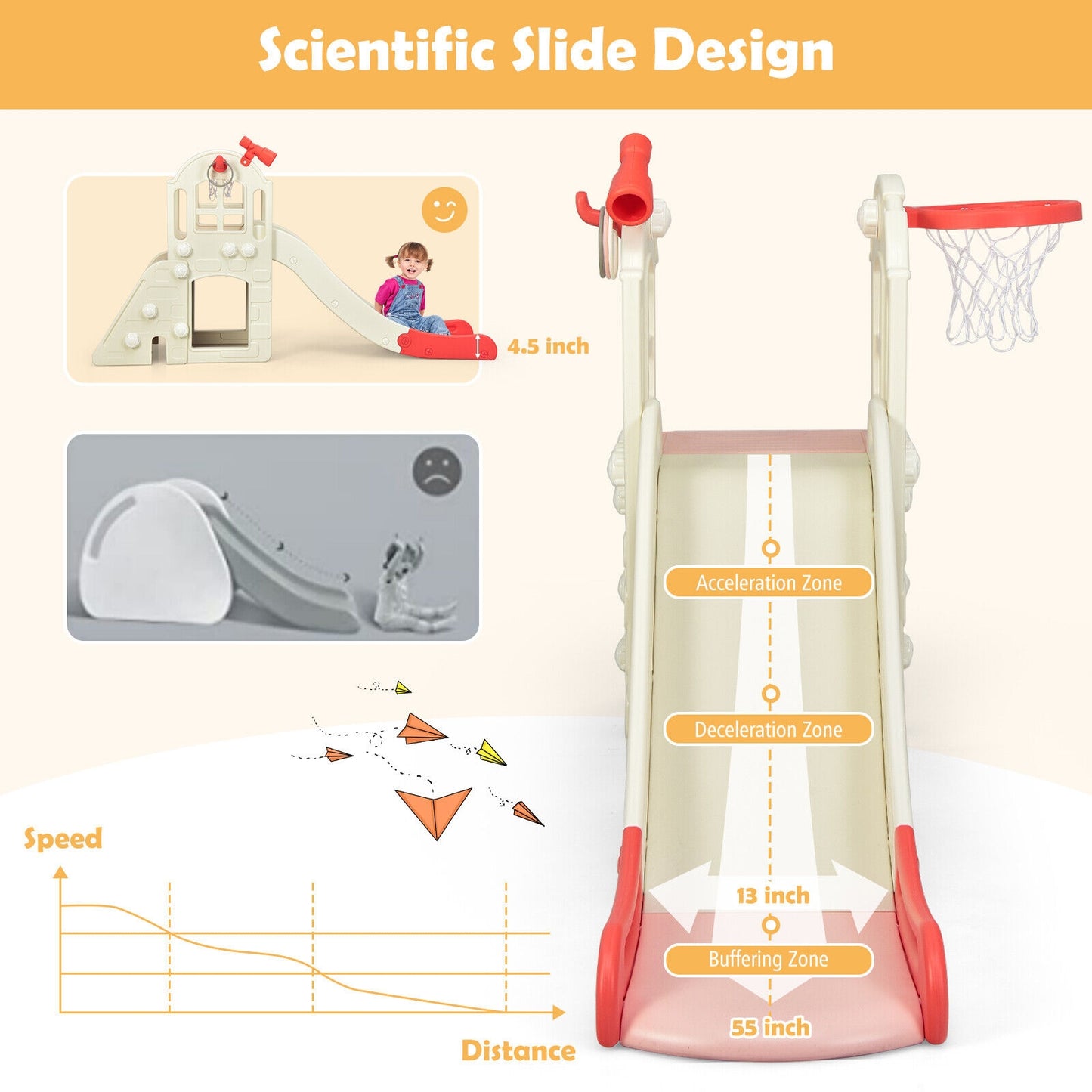 6-In-1 Large Slide for Kids Toddler Climber Slide Playset with Basketball Hoop-Pink Kids Crystal