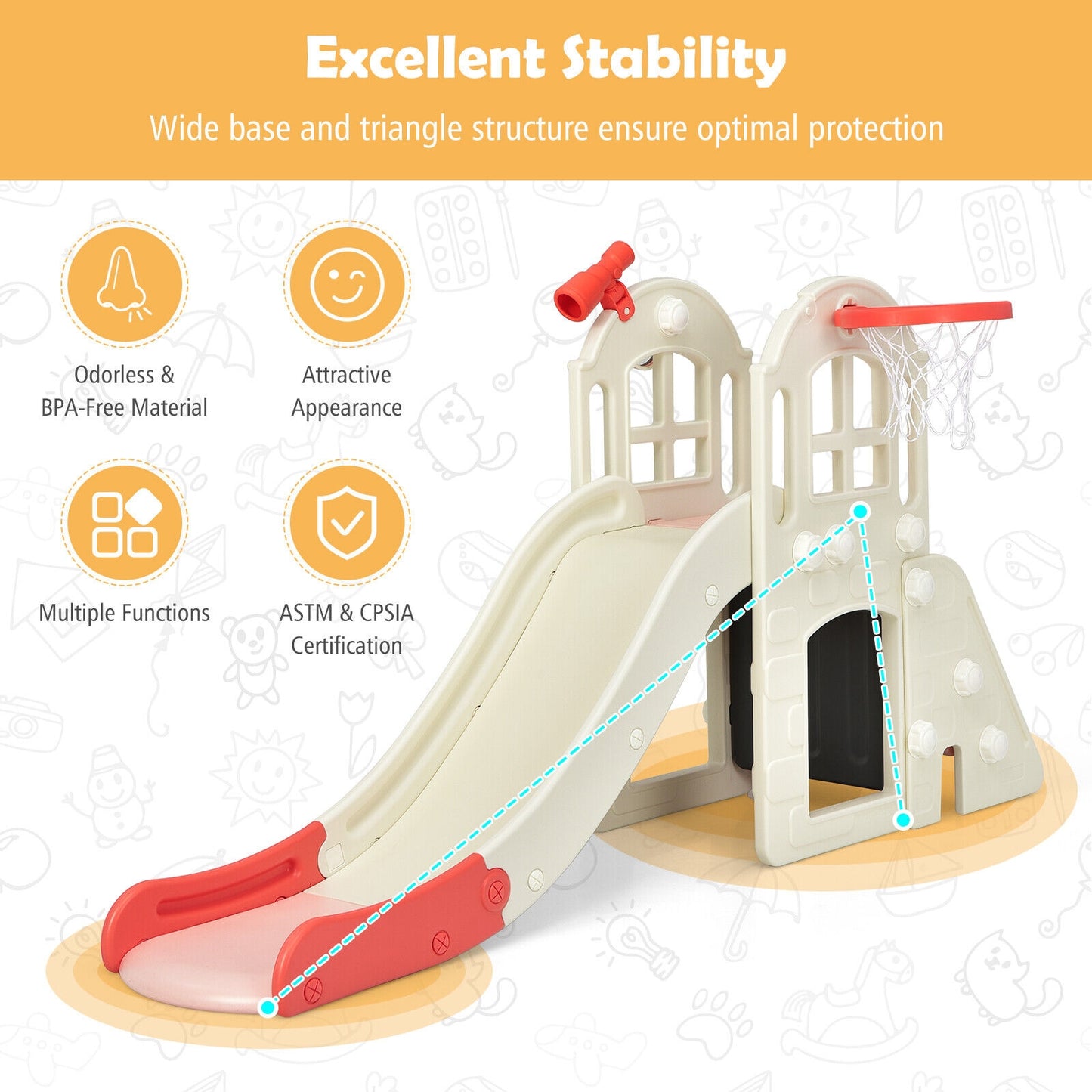6-In-1 Large Slide for Kids Toddler Climber Slide Playset with Basketball Hoop-Pink Kids Crystal