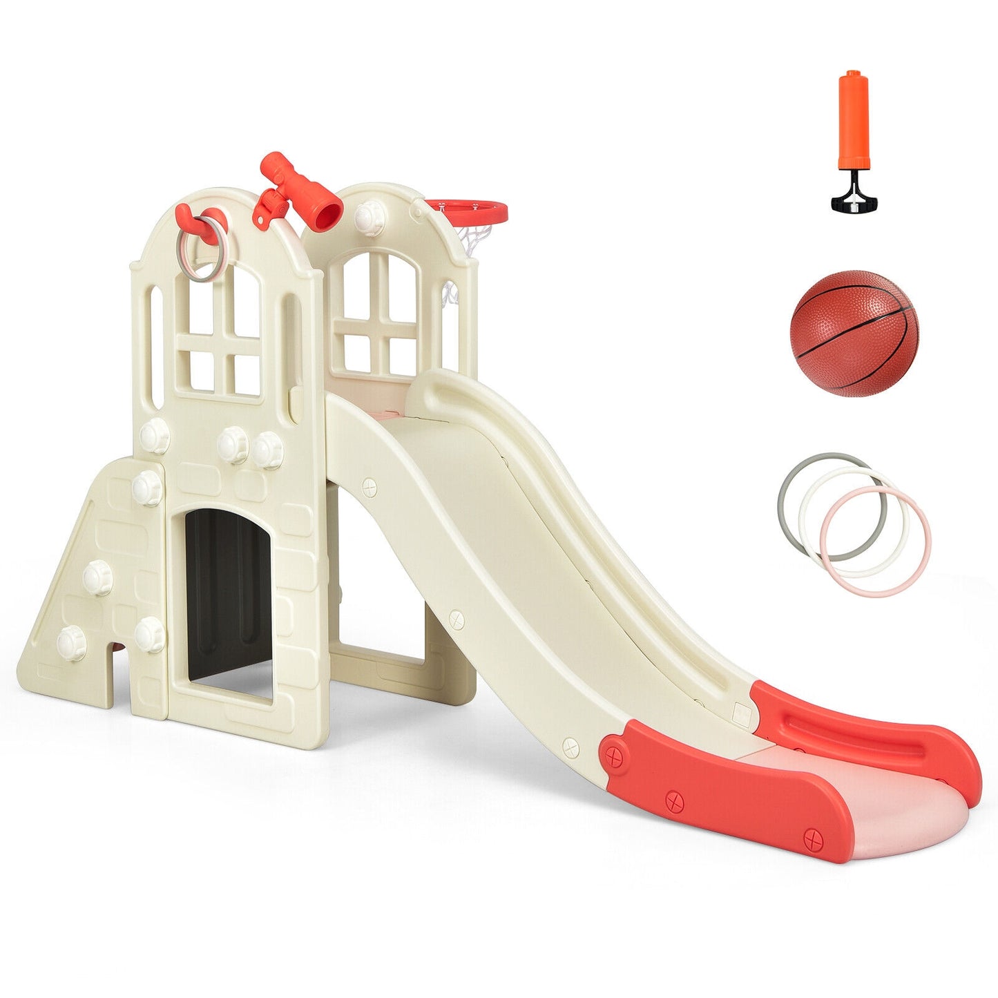 6-In-1 Large Slide for Kids Toddler Climber Slide Playset with Basketball Hoop-Pink Kids Crystal