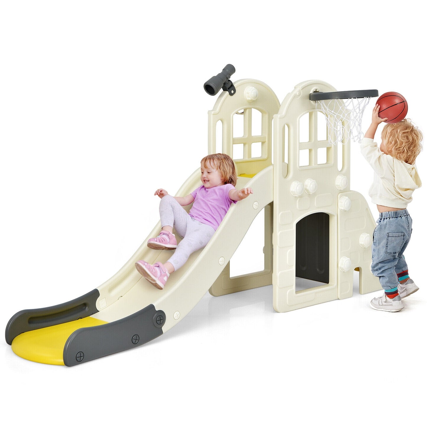 6-In-1 Large Slide for Kids Toddler Climber Slide Playset with Basketball Hoop-Yellow Kids Crystal