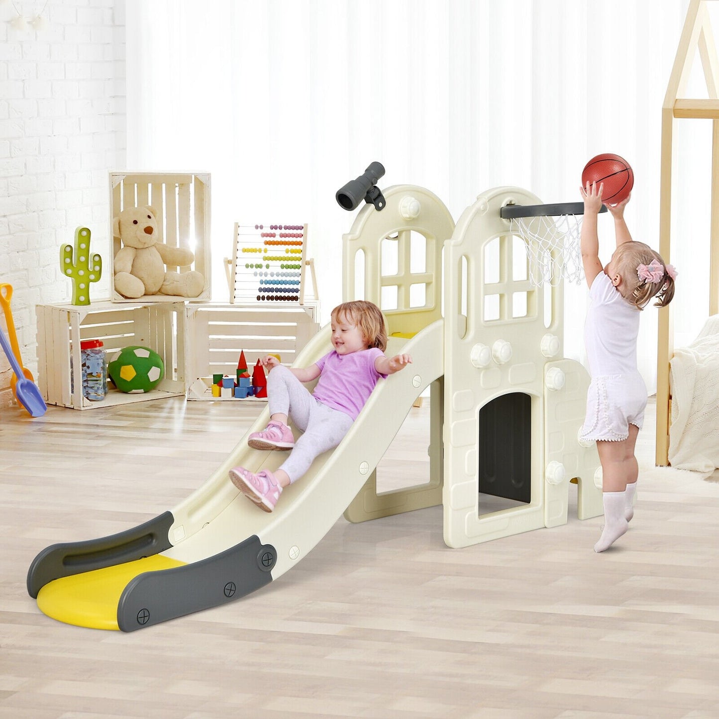 6-In-1 Large Slide for Kids Toddler Climber Slide Playset with Basketball Hoop-Yellow Kids Crystal