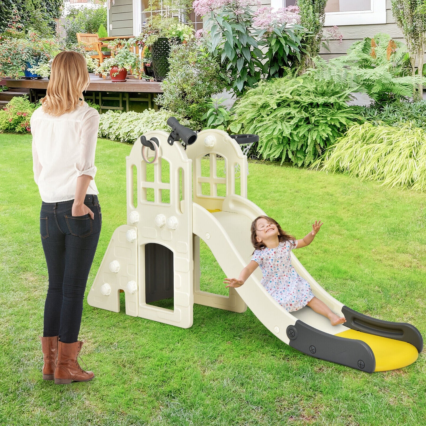 6-In-1 Large Slide for Kids Toddler Climber Slide Playset with Basketball Hoop-Yellow Kids Crystal