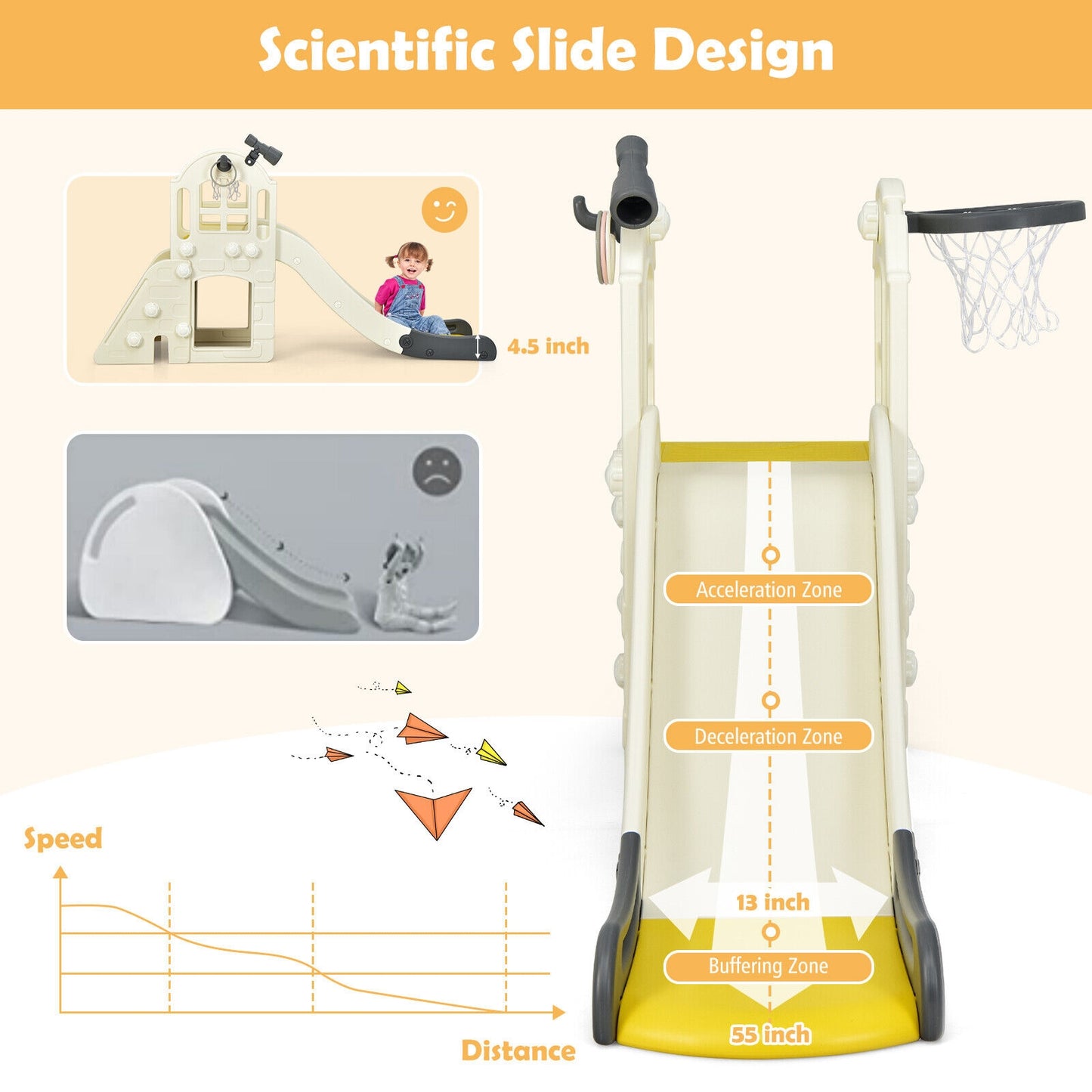 6-In-1 Large Slide for Kids Toddler Climber Slide Playset with Basketball Hoop-Yellow Kids Crystal