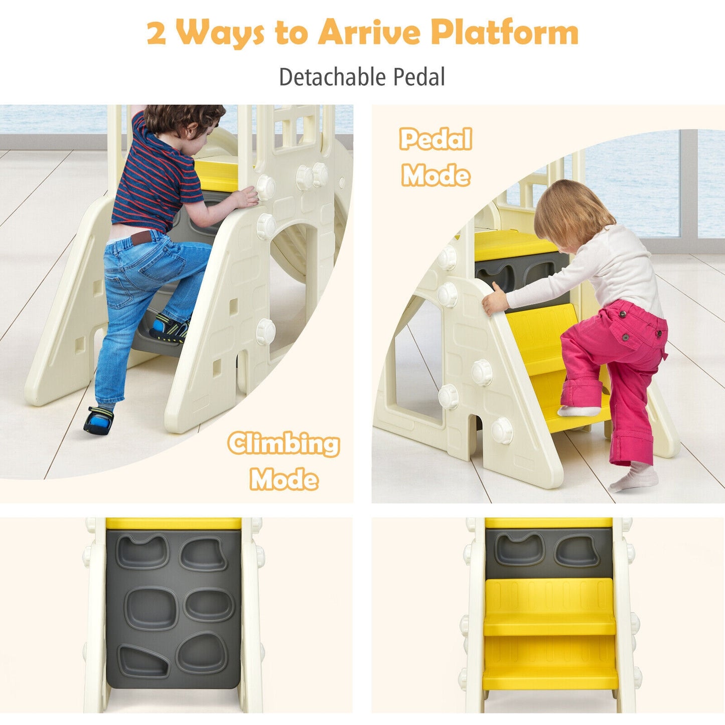 6-In-1 Large Slide for Kids Toddler Climber Slide Playset with Basketball Hoop-Yellow Kids Crystal