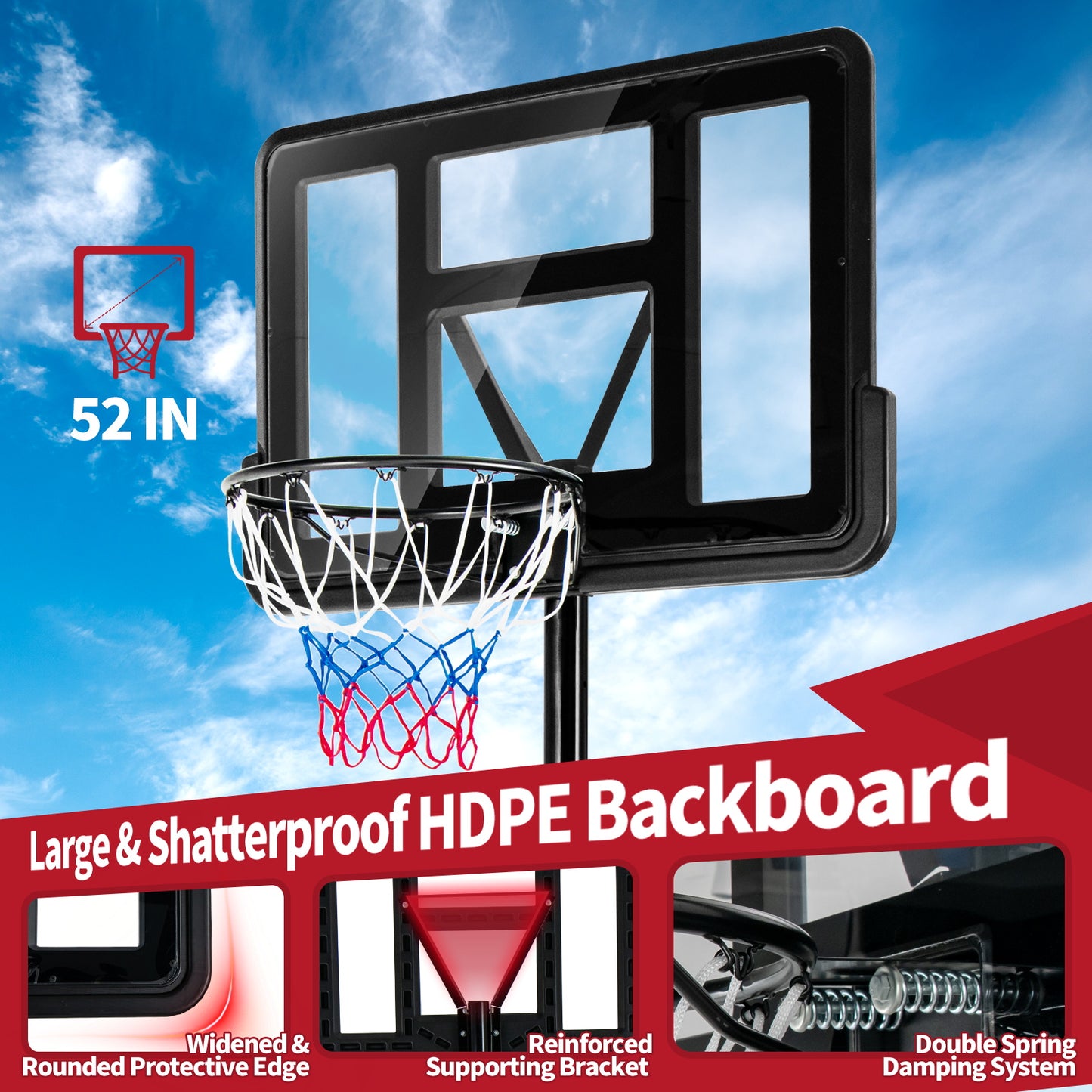 Adjustable Portable Basketball Hoop Stand with Shatterproof Backboard Wheels Kids Crystal
