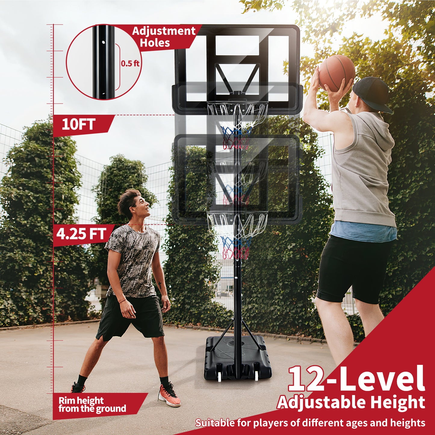 Adjustable Portable Basketball Hoop Stand with Shatterproof Backboard Wheels Kids Crystal