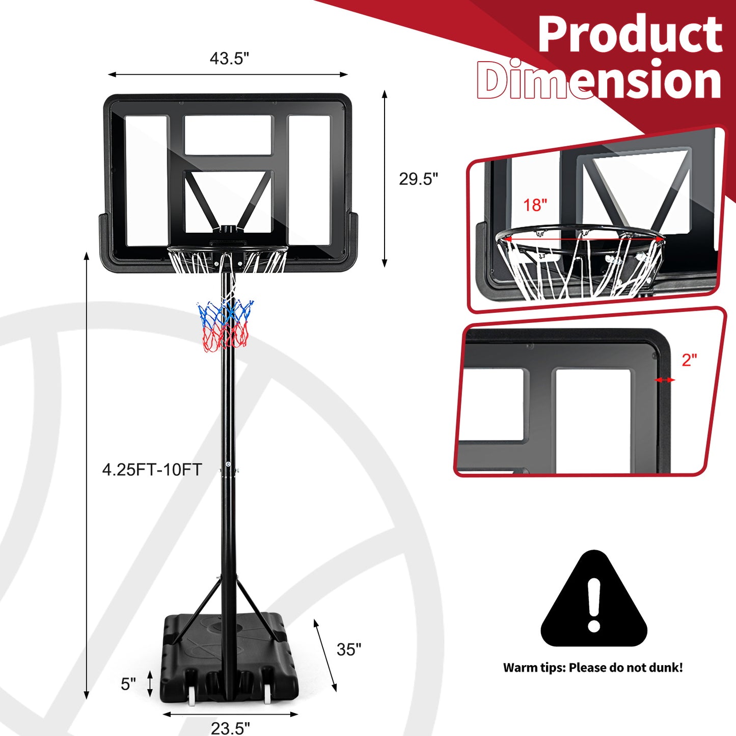 Adjustable Portable Basketball Hoop Stand with Shatterproof Backboard Wheels Kids Crystal