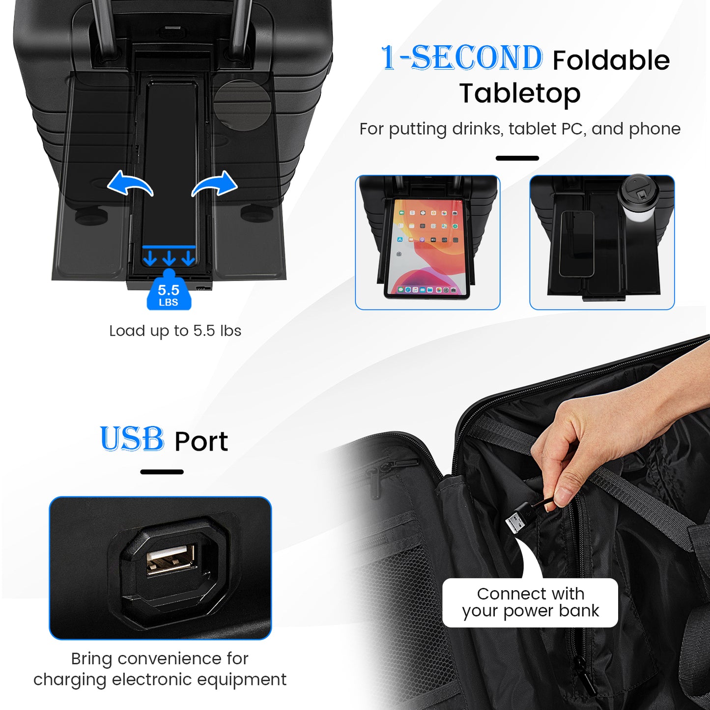 20 Inch Carry-on Luggage PC Hardside Suitcase TSA Lock with Front Pocket and USB Port-Black Kids Crystal